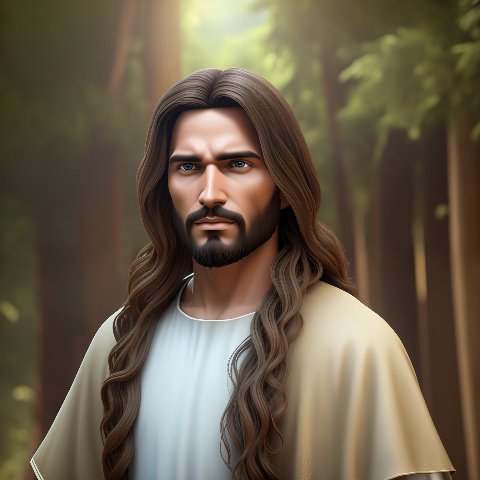 jesus com fundo brilhante, jesus com cabelos longos e olhos azuis, roupas brancas e longas, jesus cristo, muito bonito, jesus alegre, foto realista, muito realista, unreal engine, apenas jesus, centralizado