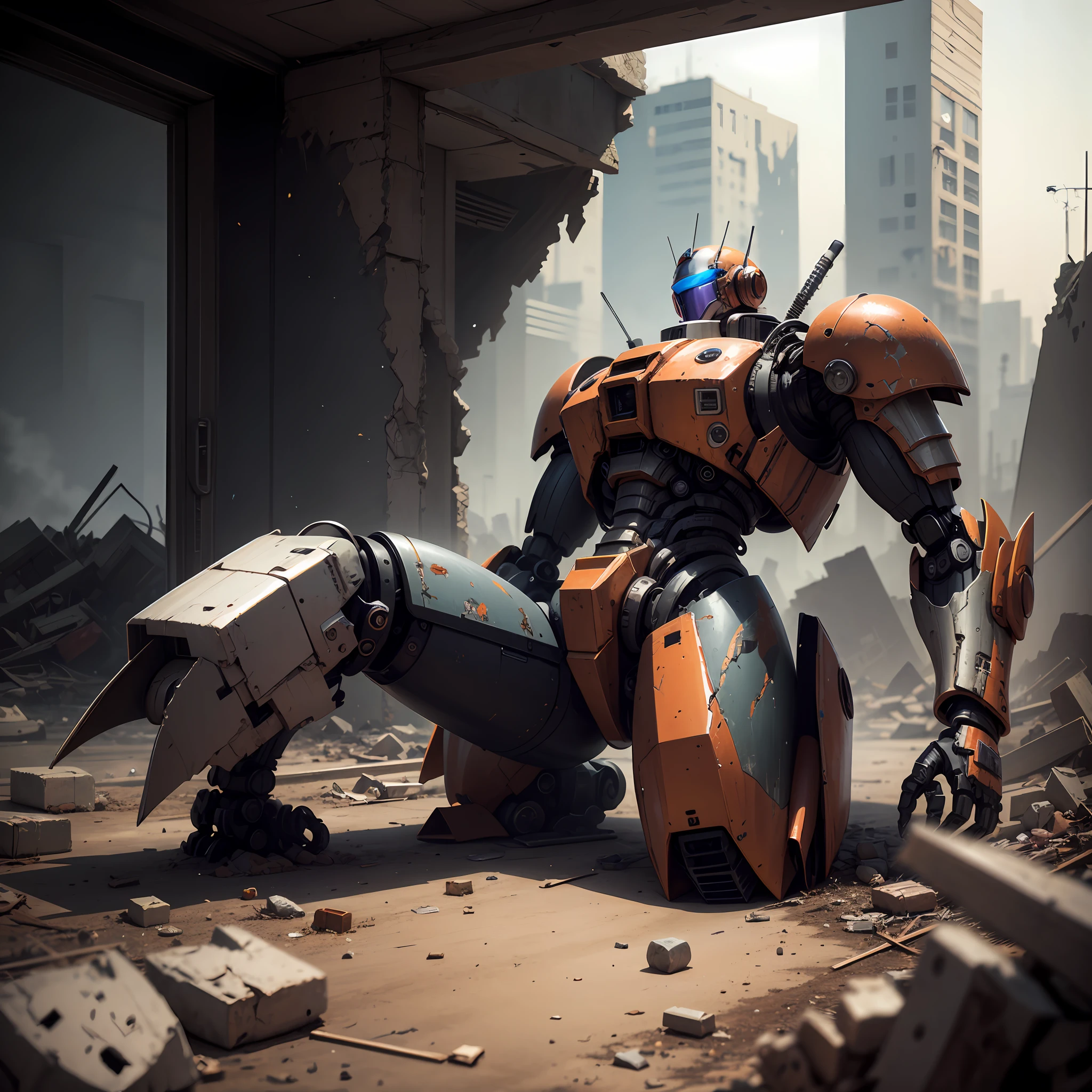 Battle damage mech,Rusty mech,solid,8K,Lying in the ruins of the dilapidated,cyber punk perssonage,The lens is on,Heavy armor --auto