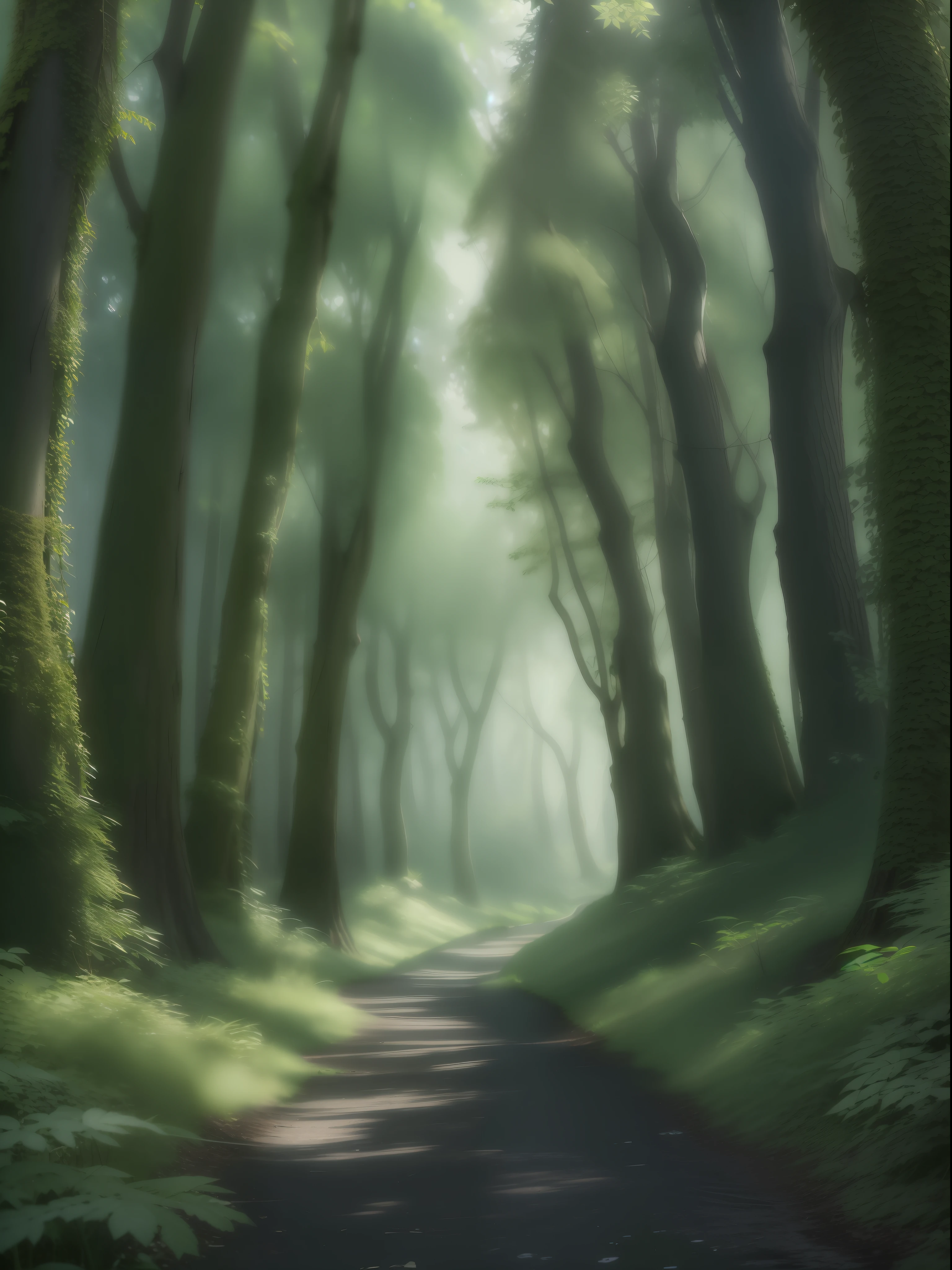 Woods, monochrome, vines everywhere, huge and damp trees, masterpiece, best quality, high quality, very detailed CG uniform 8k wallpaper, oil painting, award-winning photography, bokeh, depth of field, HDR, bloom, chromatic aberration, realism, very detailed, trends on artstation, trends on CGsociety, intricate, high detail, dramatic, midjourney art, volumetric lighting, tall trees, each trunk has a diameter of one or two meters, Slender asphalt roads, attached mountains, coniferous forests, huge bottomless pits, sunlight shining through the leaves to the ground, trees four or five meters apart, gloomy