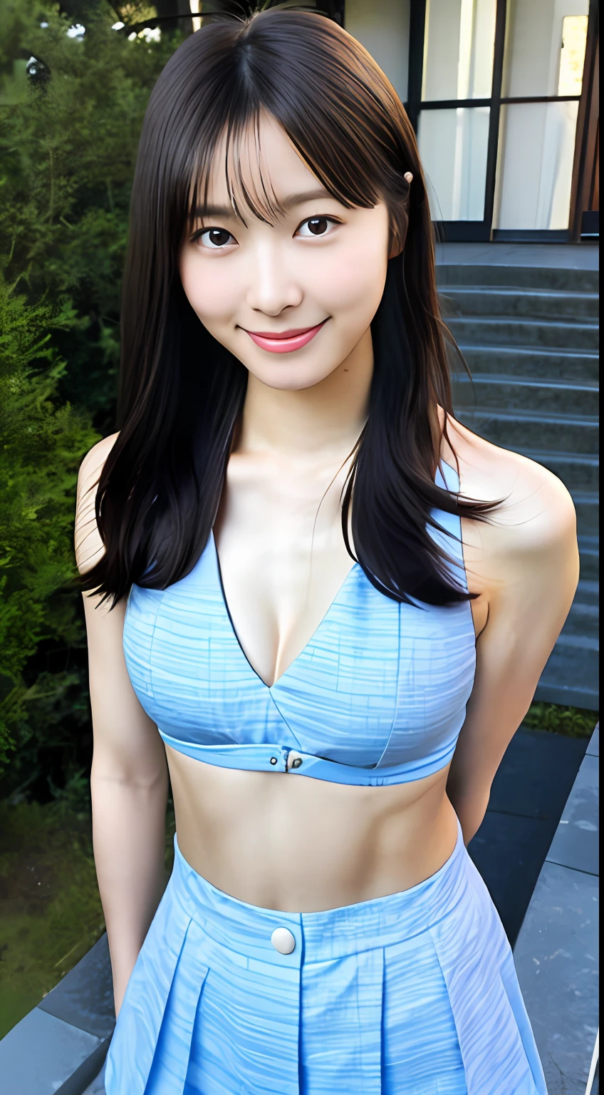 (top-quality, ​masterpiece: 1.2), Cute Japan Female Pictures, fully body photo、No up、Photo taken from above the knee、Composition from above the knee、1 rapariga, Beautiful japanese girl, 25-years old, ((The bikini: 8.5)), Full body portrait, Very delicate body, small tits, (big breasts thin waist: 5.5)), (Slender Abs: 3.5), (Small), (Female 160 cm), Cute Japan 1 stars, length hair, Thin makeup、Small breast size、Realistic photos with small smiles、CanonEOS、8K High Resolution、sharp and realistic details、outside of house、Full body portrait、Hair that flutters in the wind、Bikini without strings:2.8、