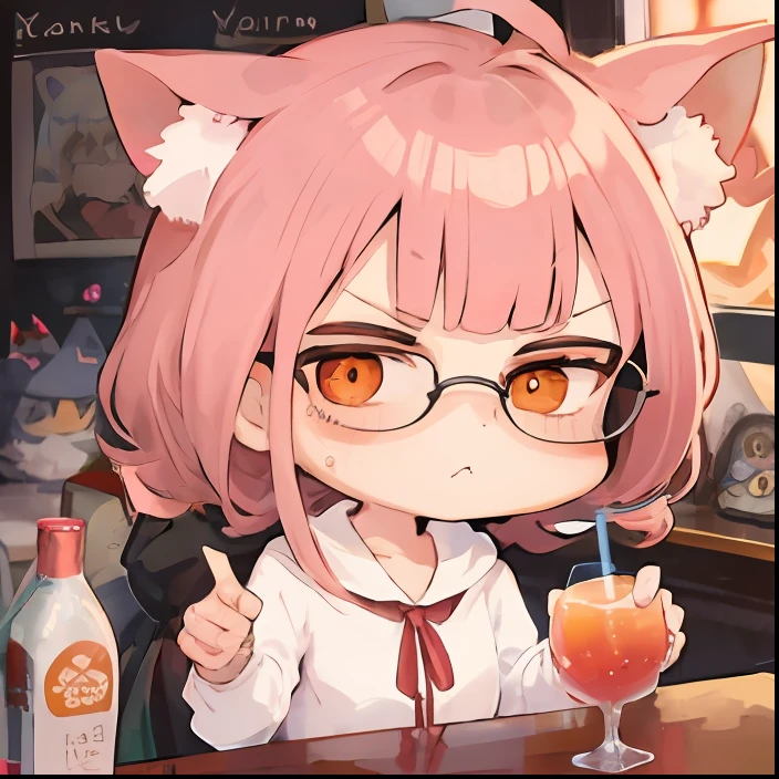 Cartoon girl with sunglasses and drink in her hands, Umaru-chan, Shikamimi, cute anime face, kawaii anime manga style, Nekomimi, cute kawaii girl, ****, ajang high face, kawaii manga style, anime vision for cute girls, anime girl drinking energy drinks, ahgao, uma musum, thousand light mountain, white hair, stick figures