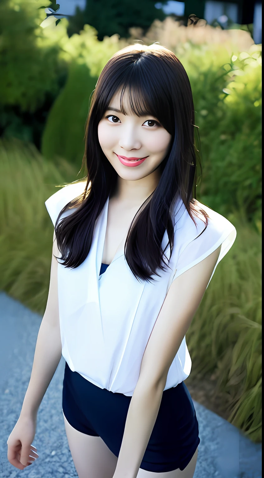 (top-quality, masterpiece: 1.2), Cute Japan Female Pictures, fully body photo、No up、Photo taken from above the knee、Composition from above the knee、1 rapariga, Beautiful japanese girl, 25-years old, ((The bikini: 8.5)), Full body portrait, Very delicate body, small tits, (big breasts thin waist: 5.5)), (Slender Abs: 3.5), (Small), (Female 160 cm), Cute Japan 1 stars, length hair, Thin makeup、Small breast size、Realistic photos with small smiles、CanonEOS、8K High Resolution、sharp and realistic details、outside of house、Full body portrait、Hair that flutters in the wind、Bikini without strings:2.8、