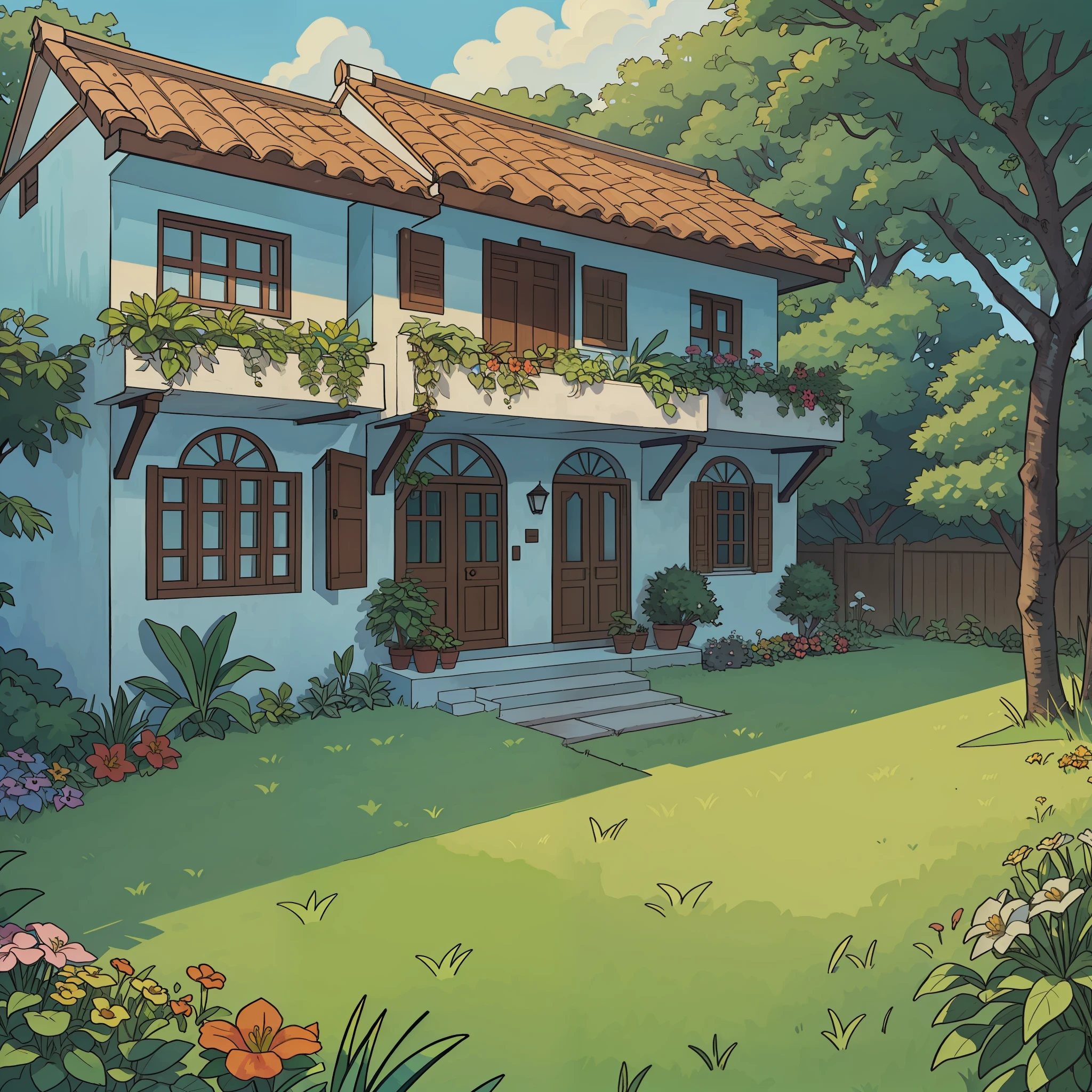 There is a garden at the back of a house with grass, flor, vegetation, estilo republica dominicana