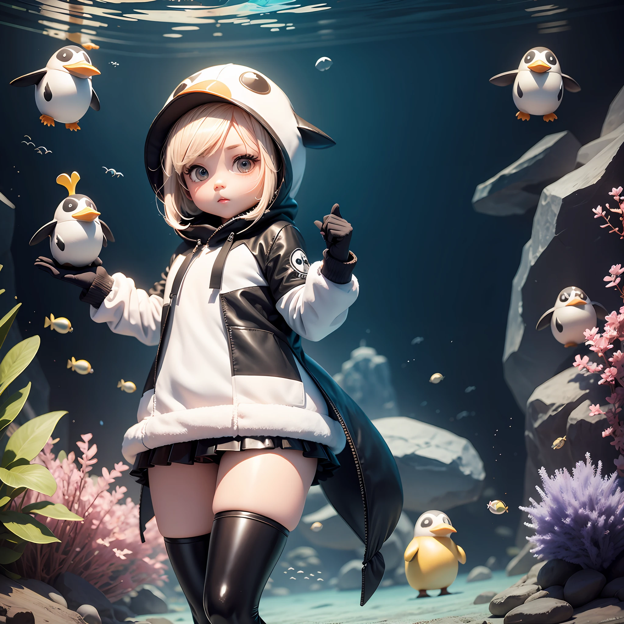 masterwork Chibi 3D Wearing a penguin costume cute and beautiful chibi,Chibi 3D Inside a Giant Aquarium