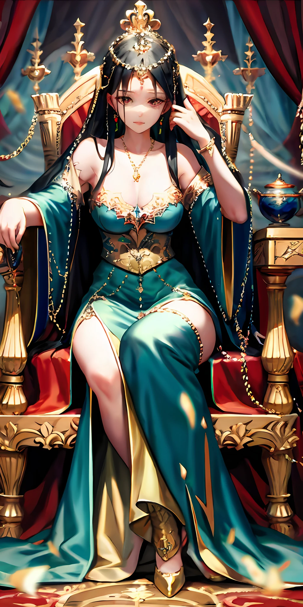 ((Princess sit on golden throne)), long black hair, (western fantasy medieval clothes), full body shot, curious emotion