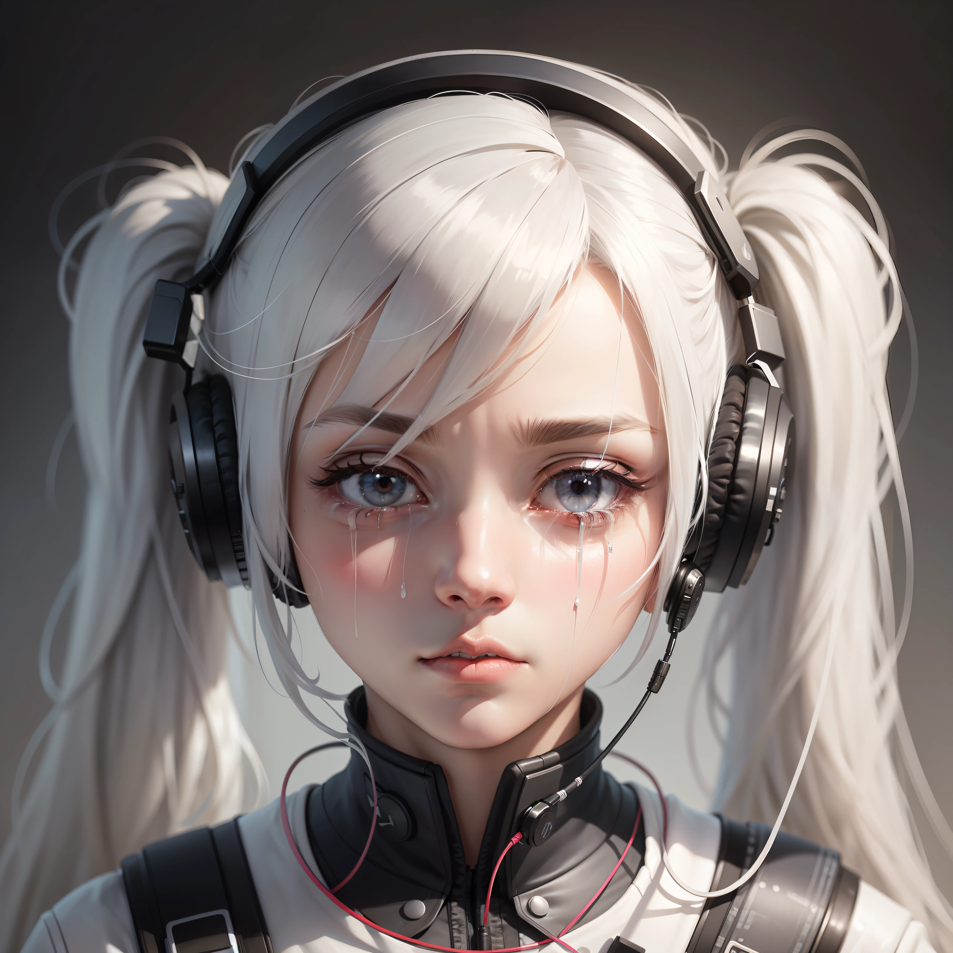 white hair, twintails, headphones, blank eyes, sigh, crying, wide shot, first-person view, vanishing point, Canon, modern, Verism, 8k, super detail, ccurate, best quality, UHD