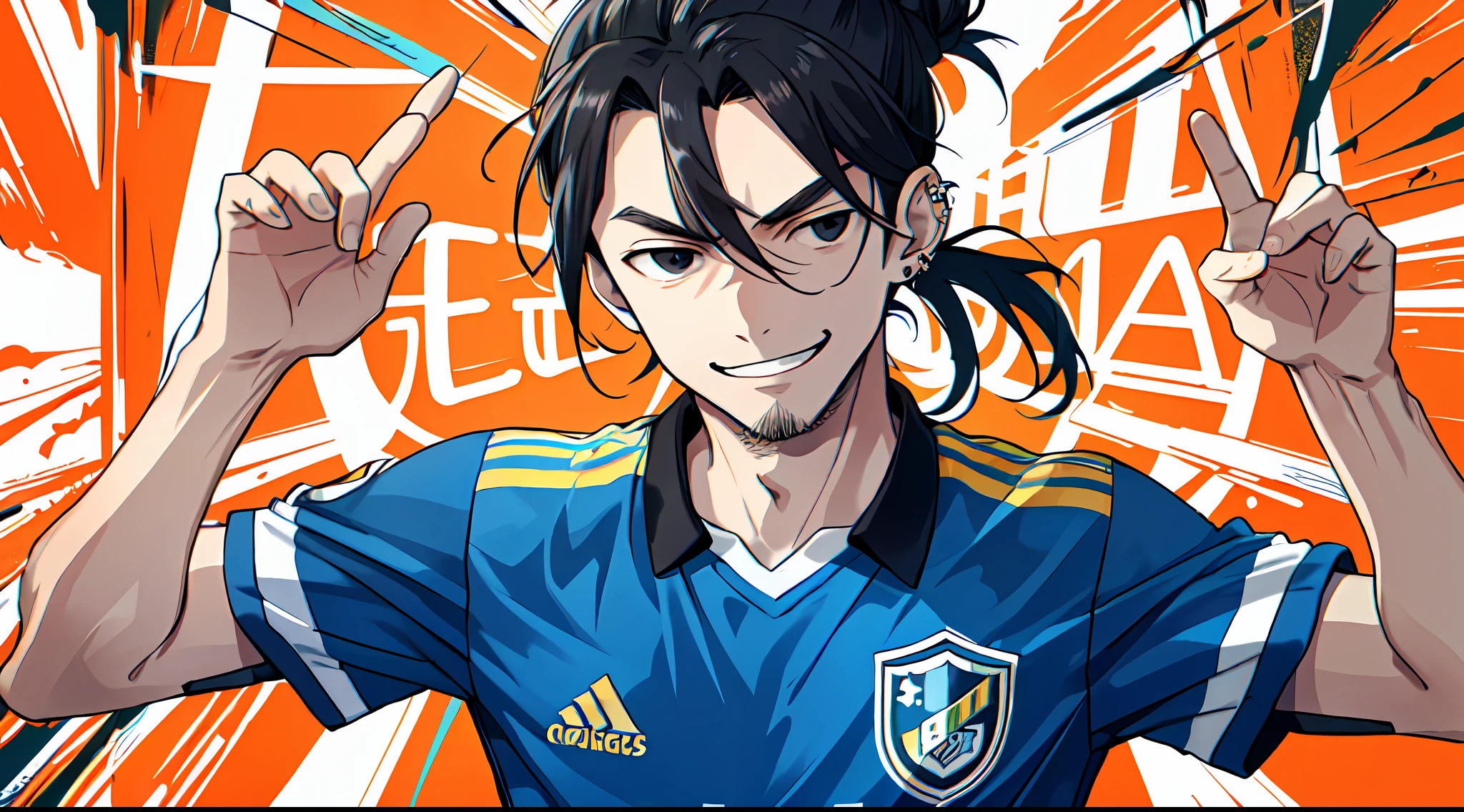 (1man), alone, celebration, (masterpiece), (best quality), (super detail) expressive eyes, perfect face, lazy eye, smile, normal skin, (wearing soccer kits player), black eyes, ear piercing, man bun black hair, looking arrogant,