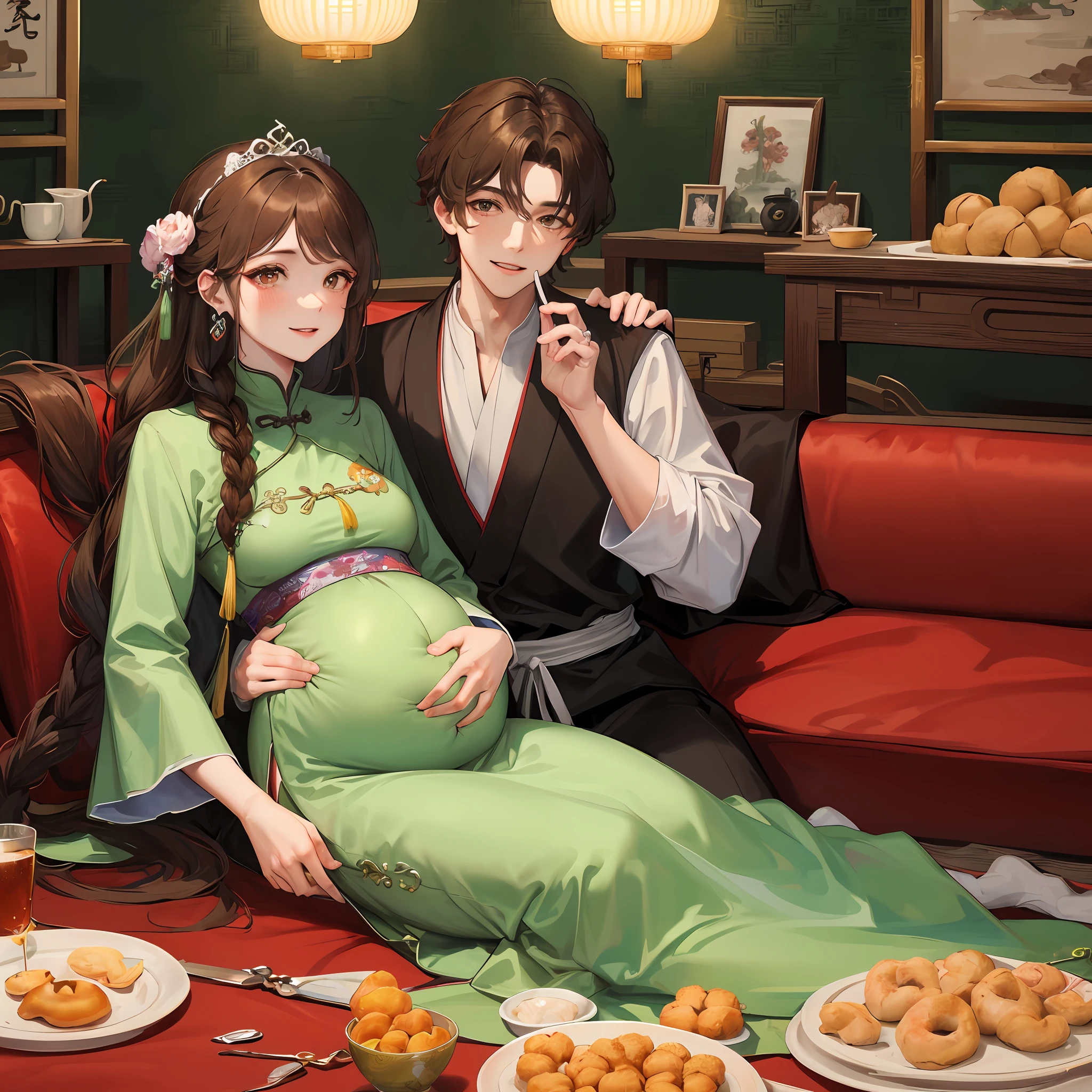Masterpiece, Best quality, 1 The male protagonist lies on the pregnant belly of his wife Mature woman, Chinese style, Ancient China, Smile, Brown hair, Princess cut, Single strips of fried dough twisted braid