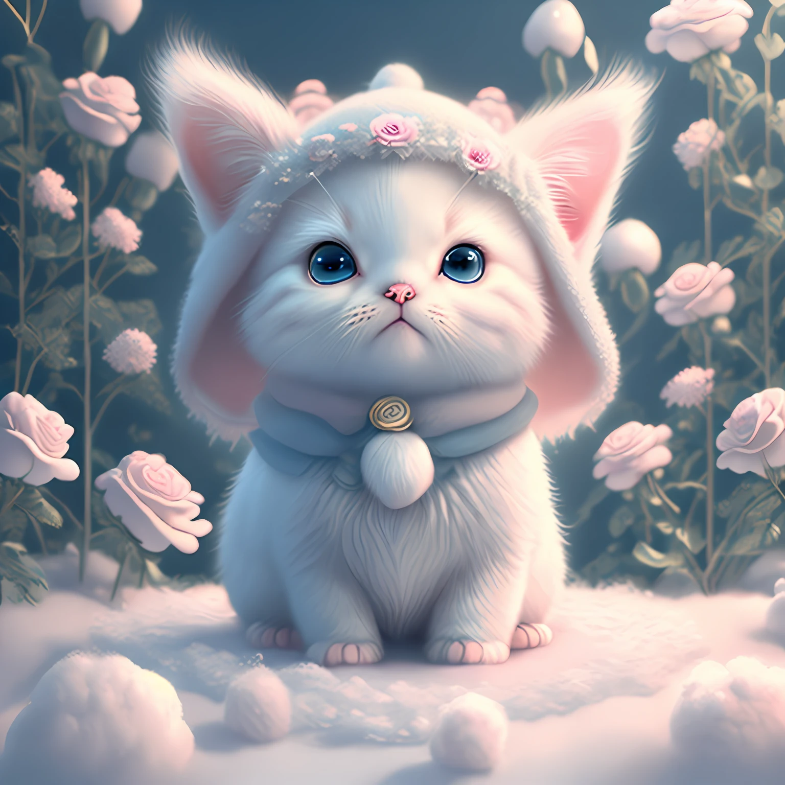 In this ultra-detailed CG art, the adorable kitten surrounded by ethereal roses, best quality, high resolution, intricate details, fantasy, cute animals