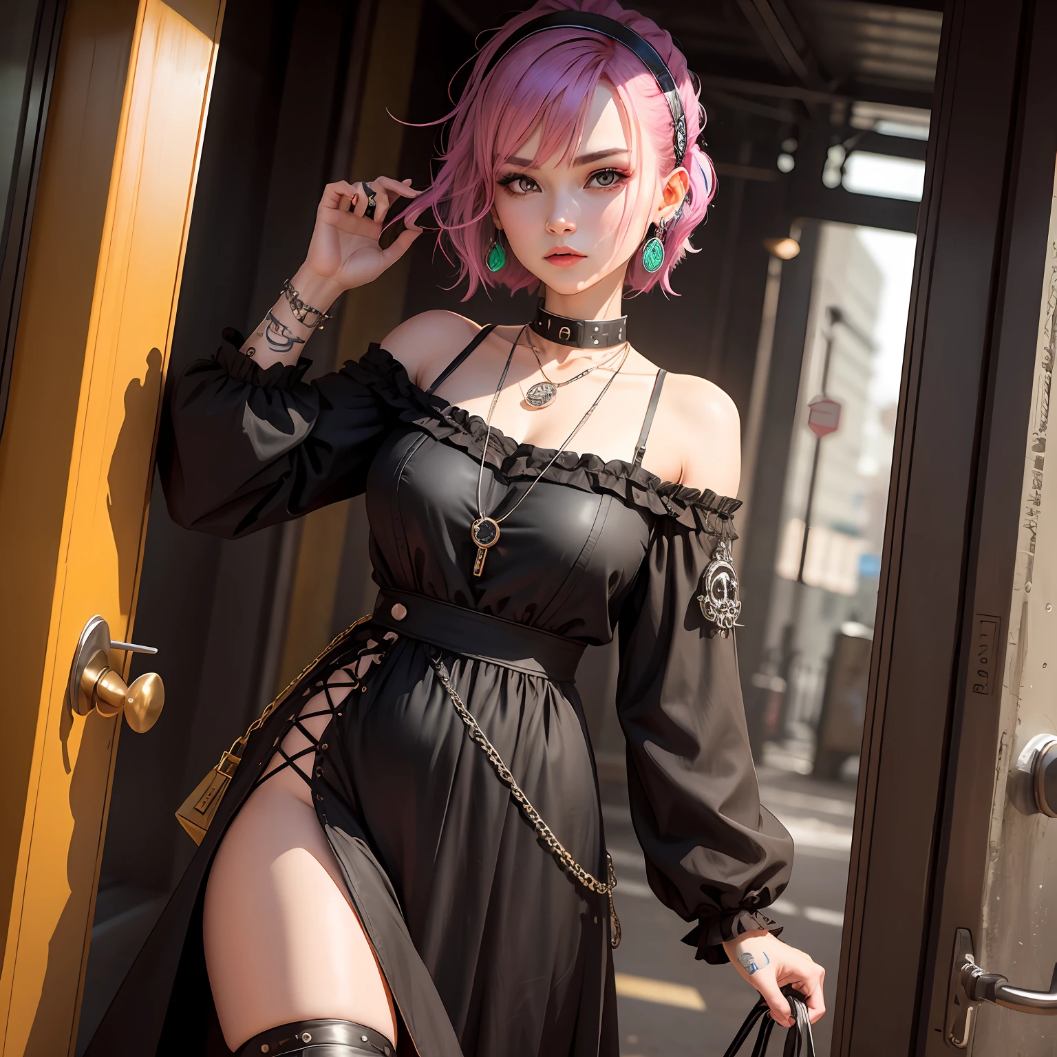 The lady wore a dress,Pair it with a punk and industrial ring lock necklace。 --auto