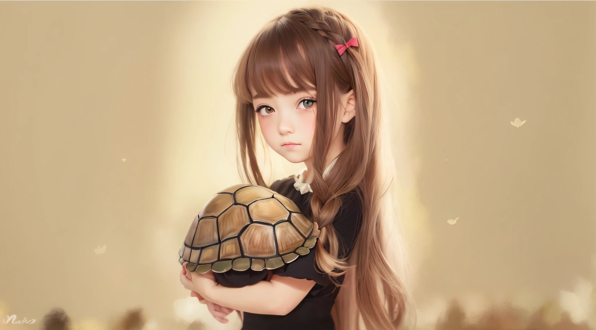 CHILD girl with a black bow and a black dress, com cabelo castanho escuro, meninaabelo castanho, fitas de cabelo preto, uma bela adolescente-TURTLE . . wearing hair bow, menina jovemlo castanho e olhos grandes, foto de meio comprimento,