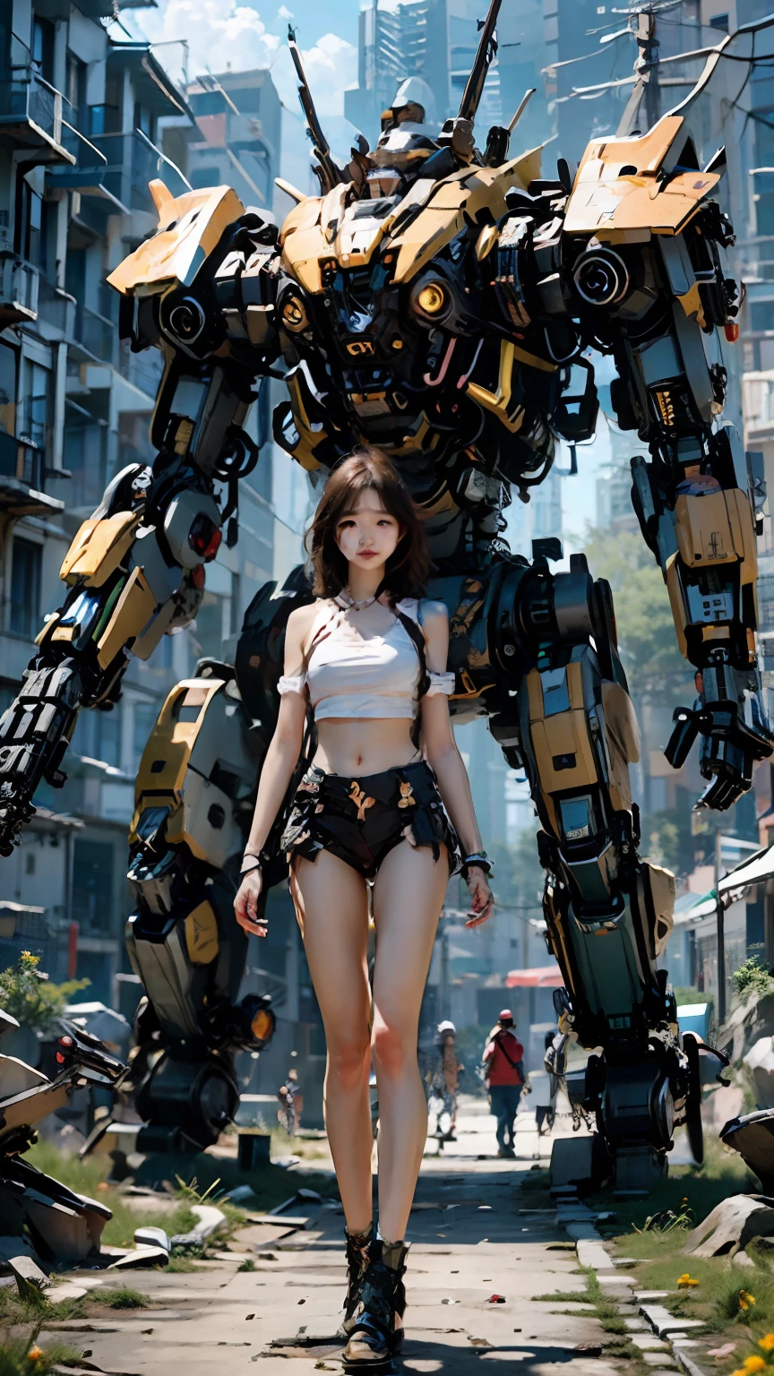 ((masterpiece, best quality)),illustration,ultra detailed 8k,photorealistic,sharp focus,highly detailed,professional lighting,colorful details,iridescent colors BREAK extreme long shot of a factory,large mechanical robot construction,microchip,computer,glowing,intricate details,shitu-mecha,1girl is standing in front of the audience,Navel