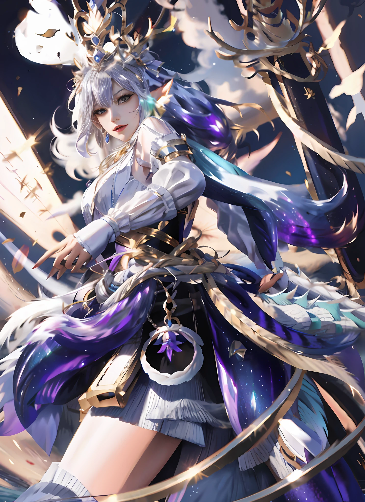 Anime girl in purple and blue dress and white top, Keqing from Genshin Impact, Beautiful celestial mage, zhongli from genshin impact, Portrait Chevaliers du Zodiaque Fille, white-haired god, Ayaka Genshin impact, 8K high quality detailed art, Anime fantasy artwork, ayaka game genshin impact, Anime fantasy illustration, drak