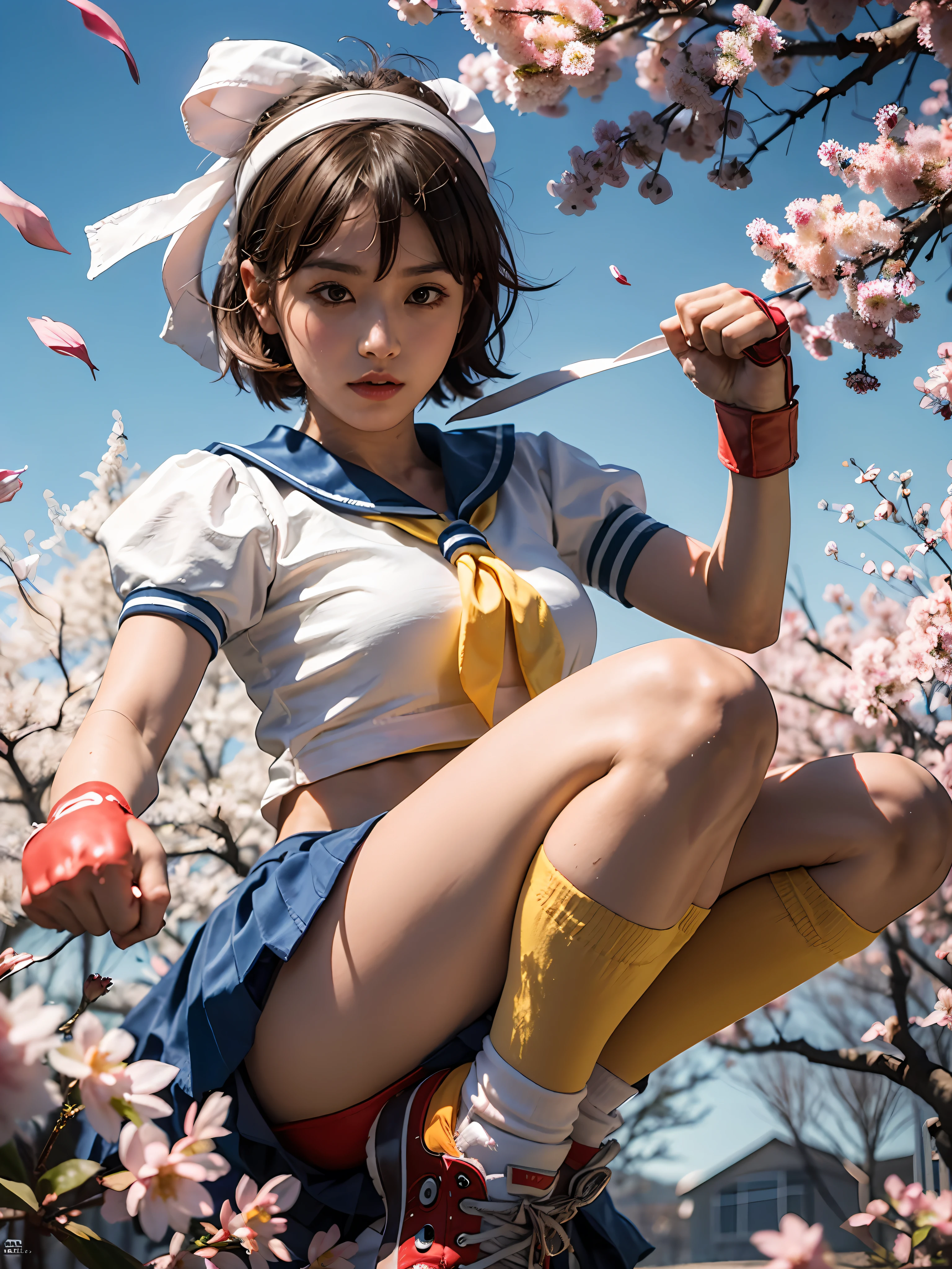 (masterpiece), (best quality), ultra high res, professional artwork, ultra detailed, intricate, detailed face, perfect lighting, 1girl, kasugano sakura, brown eyes, brown hair, short hair, bangs, ahoge, headband, serafuku, puffy sleeves, crop top, yellow neckerchief, pleated skirt, fingerless gloves, thighs, white socks, red footwear, fighting stance, punching, (cowboy shot, far shot), cherry blossoms, falling petals, beautiful background