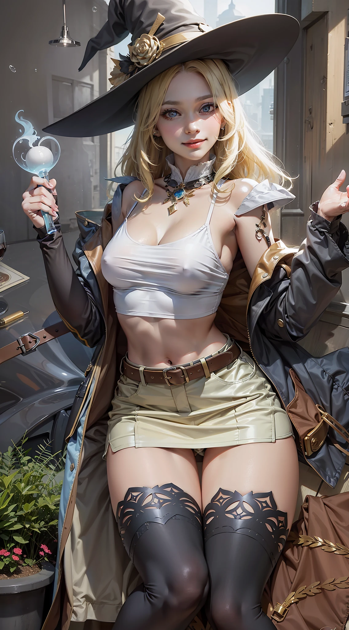 Witch Wearing Magic Hat、Beautie、Beautuful Women、a smile、realisitic、Delicate as in the photo、high-level image quality、hightquality、a blond