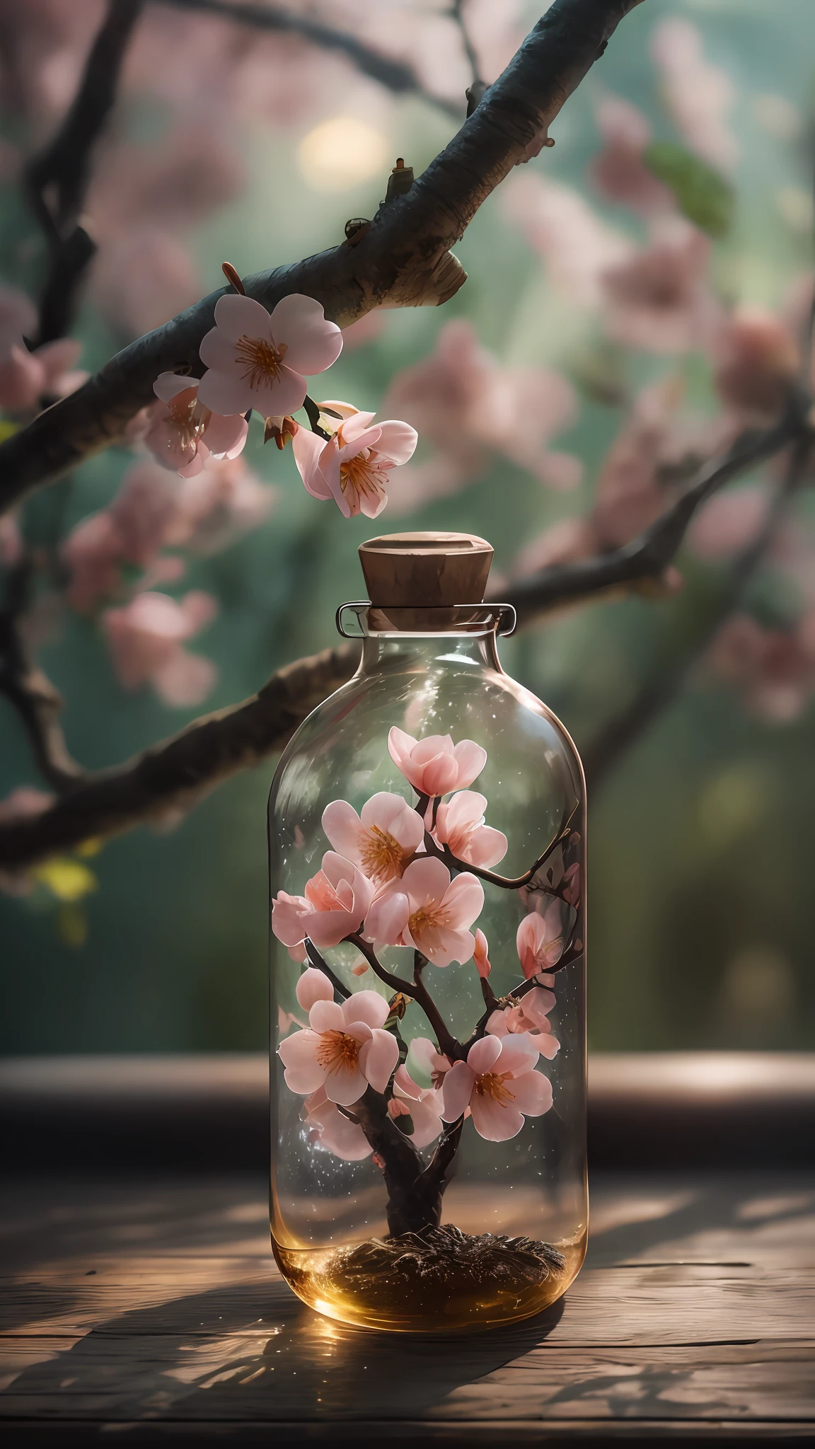 Peach blossom tree in a bottle, Fluffy, Realistic, Atmospheric light refraction, author:Lee Jeffries Nikon D850 Film Stock Photo 4 Kodaport 400 Camera F1.6 Shots rich colors Ultra-realistic realistic textures Dramatic lighting Trends on Unreal Engine ArtStation CineStill 800, Style-Glass