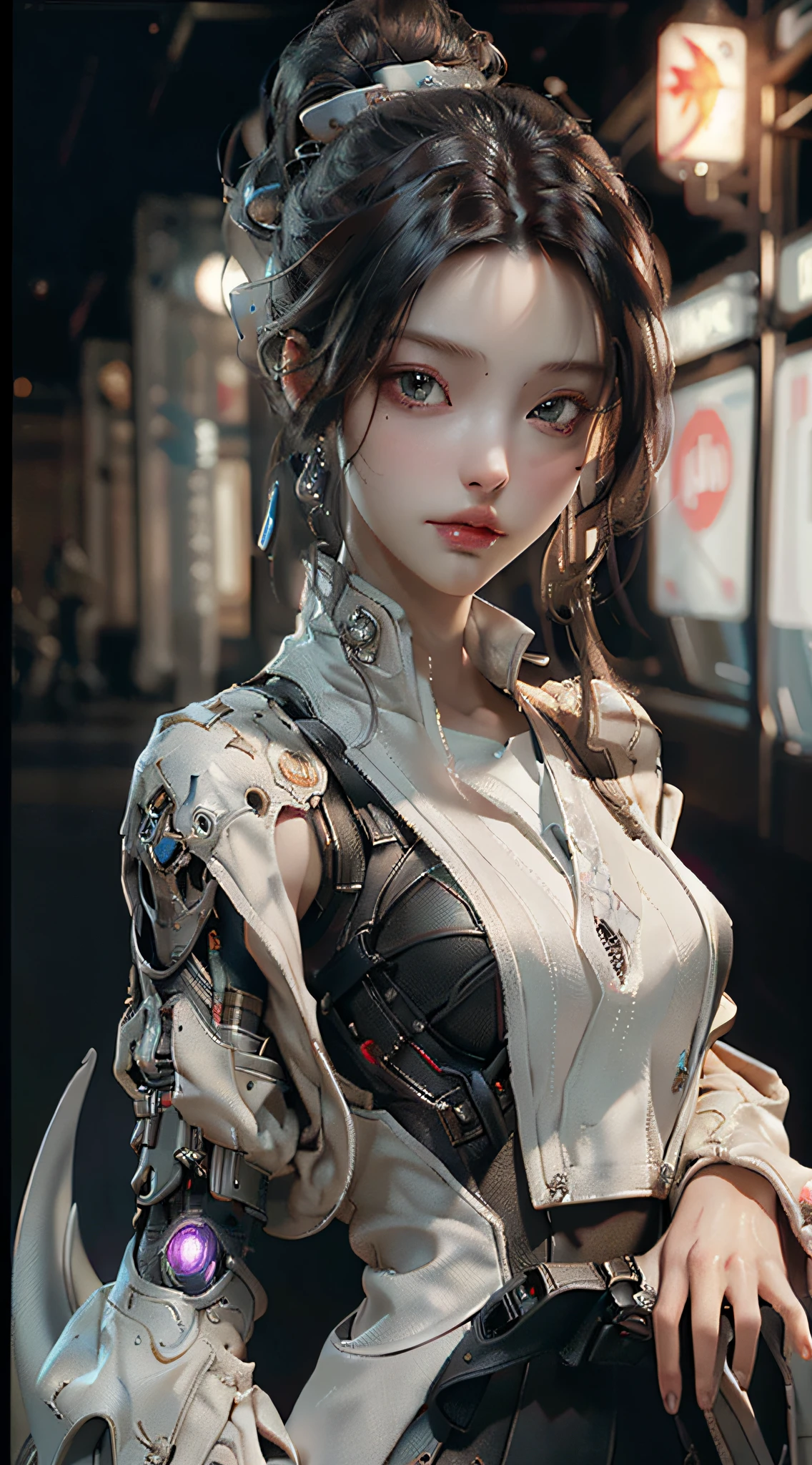 ((Best quality)), ((masterpiece)), (detailed:1.4), 3D, an image of a beautiful cyberpunk female,HDR (High Dynamic Range),Ray Tracing,NVIDIA RTX,Super-Resolution,Unreal 5,Subsurface scattering,PBR Texturing,Post-processing,Anisotropic Filtering,Depth-of-field,Maximum clarity and sharpness,Multi-layered textures,Albedo and Specular maps,Surface shading,Accurate simulation of light-material interaction,Perfect proportions,Octane Render,Two-tone lighting,Wide aperture,Low ISO,White balance,Rule of thirds,8K RAW,