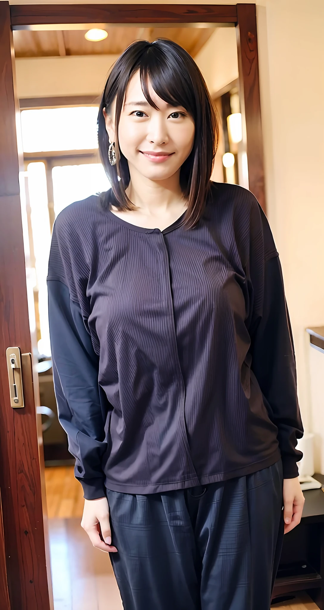 best qualtiy， tmasterpiece， 超高分辨率， （realisticlying：1.4）， RAW photogr， 1girll， Beautiful Japanese，aged 40，Femme and moving， Beautiful skins， brunette color hair：1.7， Gacky， （short detailed hair：1.5）），， gentle grin：1.2，Sexy pajamas ，Wear black pantyhose，gigantic cleavage breasts，