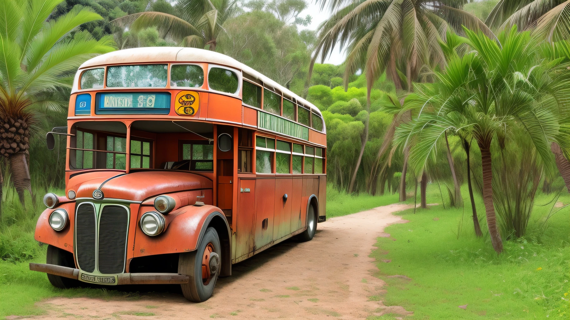 "Antique bus, com aspecto sujo e enferrujado, in a setting full of vegetation."