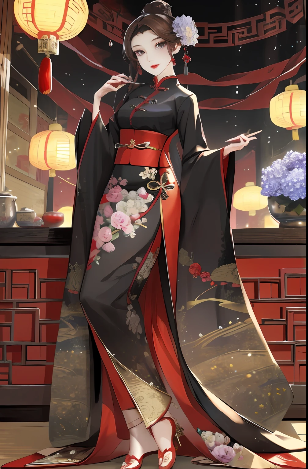 Masterpiece, Superb Product, Night, Full Moon, 1 Woman, Mature Woman, Chinese Style, Antique Chinese, Sister, Royal Sister, Smile, Brunette Hair, Updo, Red Lips, Calm, Intellectual, Hairpin, Hair Flower, Detailed Facial Details, Detailed Eyes, Full Body, Gray Eyes, Long Hair, Hydrangeas