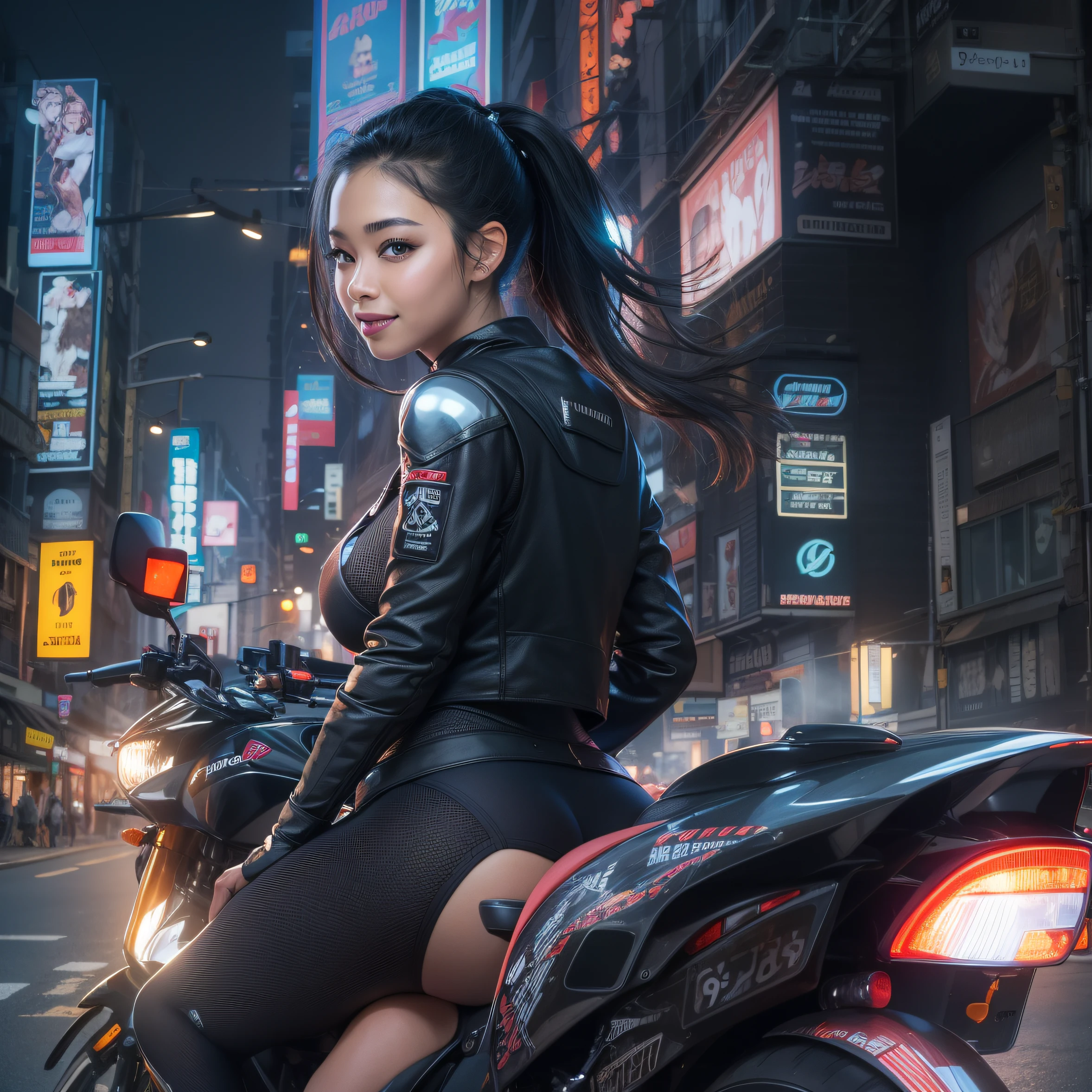 high-level image quality、8K、real looking skin、Beautiful black hair woman、poneyTail、looking happy smile、large full breasts、Rider suit glowing black、Townscape of the near future、neons、motor bikes