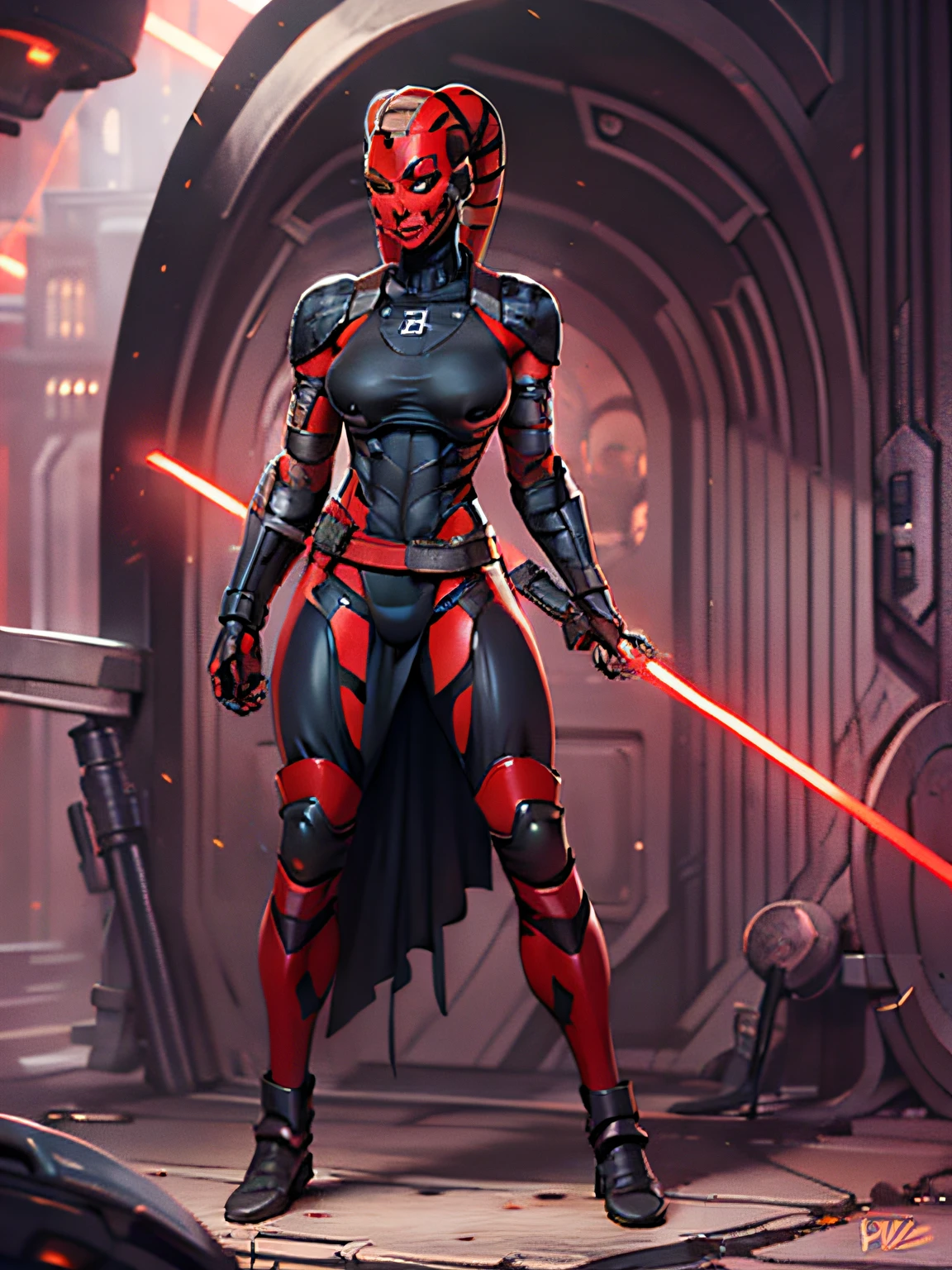 armored, (red skin, Twi'lek), athletic, slender, muscular, busty, wearing heavy black stealth armor, red lightsaber, Star Wars, armor