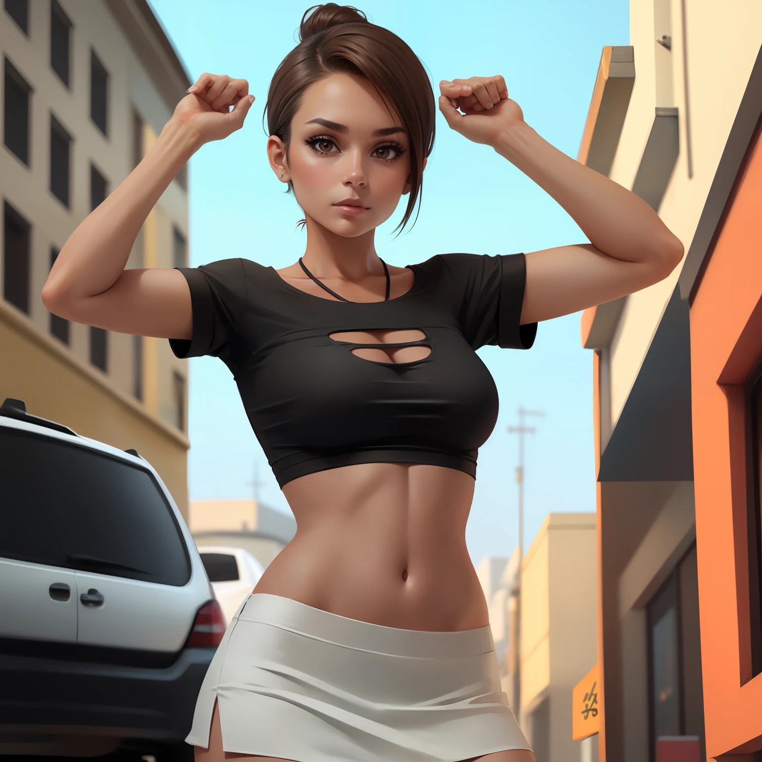 Beautiful brazilian girl, brown short hair in a ponytail, 18 years old, beautiful thin figure
On the street of a busy city, posing in front of a taxi, holding a white handbag, wearing a white skirt and a black crop top