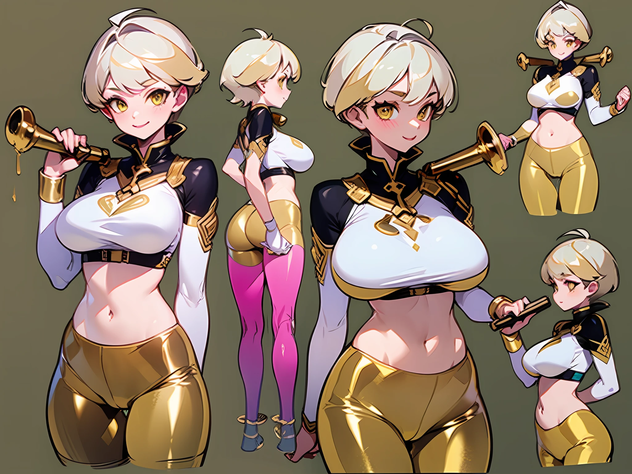 ((masterpiece)),(((best quality))),((character design sheet,same character,front,side,back)),illustration,1 girl,sexy pose standing,(((gold color leggins))),midriff,white top strapless,pixie cut short hair,white hair,yellow eyes,white skin,smile:1.2,,environment Scene change, pose too, pink color palette, neon colors, , holds a crosier, charturnbetalora, 8k,16k, (simple background, white background: 1.3),camel toe,big breast:1.4,
