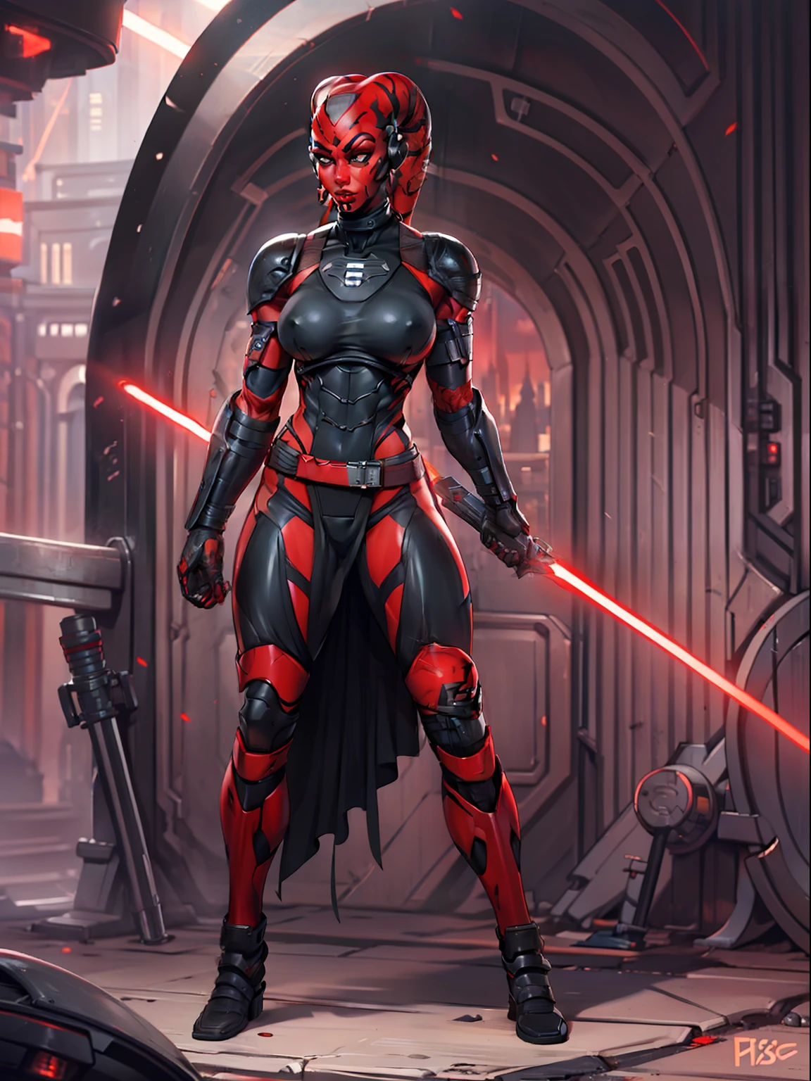 armored, (red skin, Twi'lek), athletic, slender, muscular, busty, wearing heavy black stealth armor, red lightsaber, Star Wars, armor