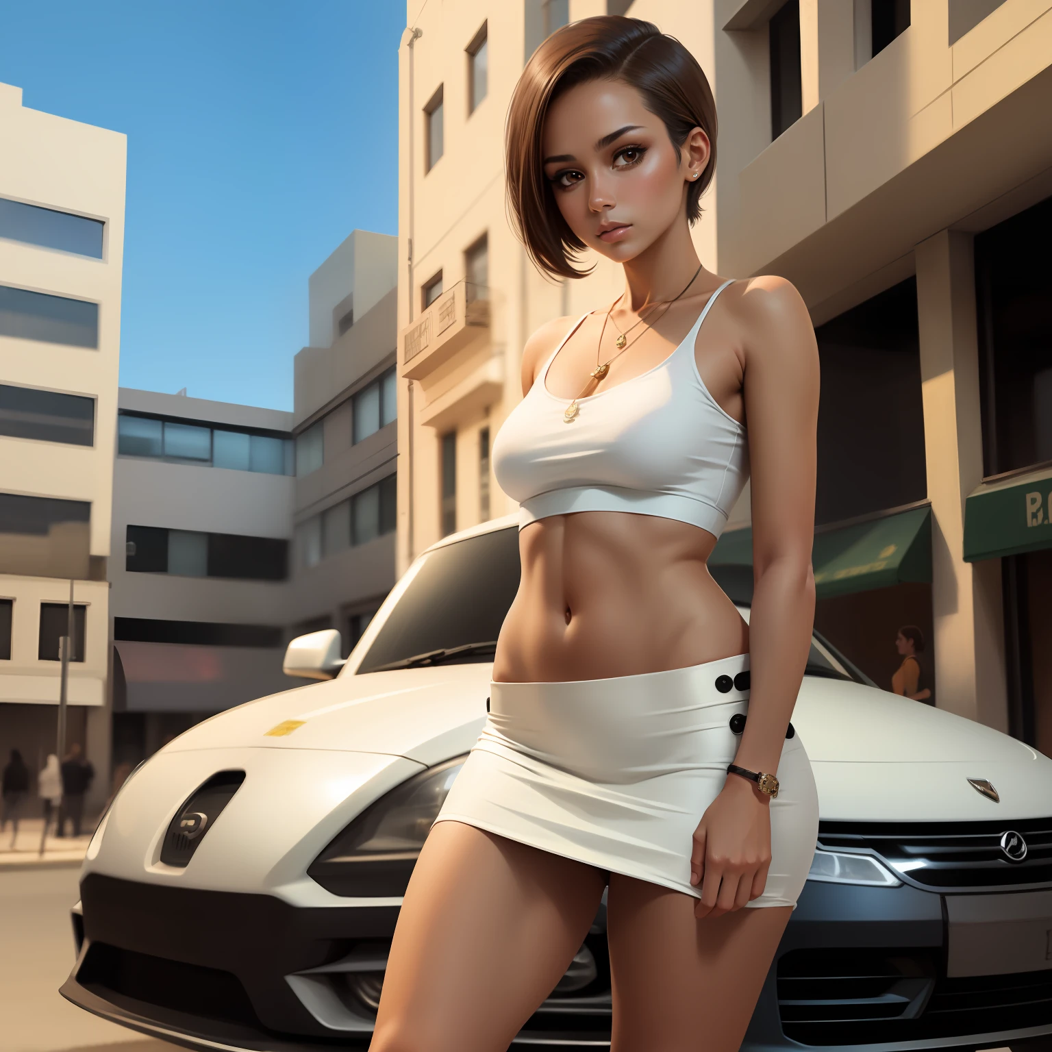 Beautiful brazilian girl, brown short hair in a ponytail, 18 years old, beautiful thin figure
On the street of a busy city, posing in front of a taxi, holding a white handbag, wearing a white skirt and a black crop top