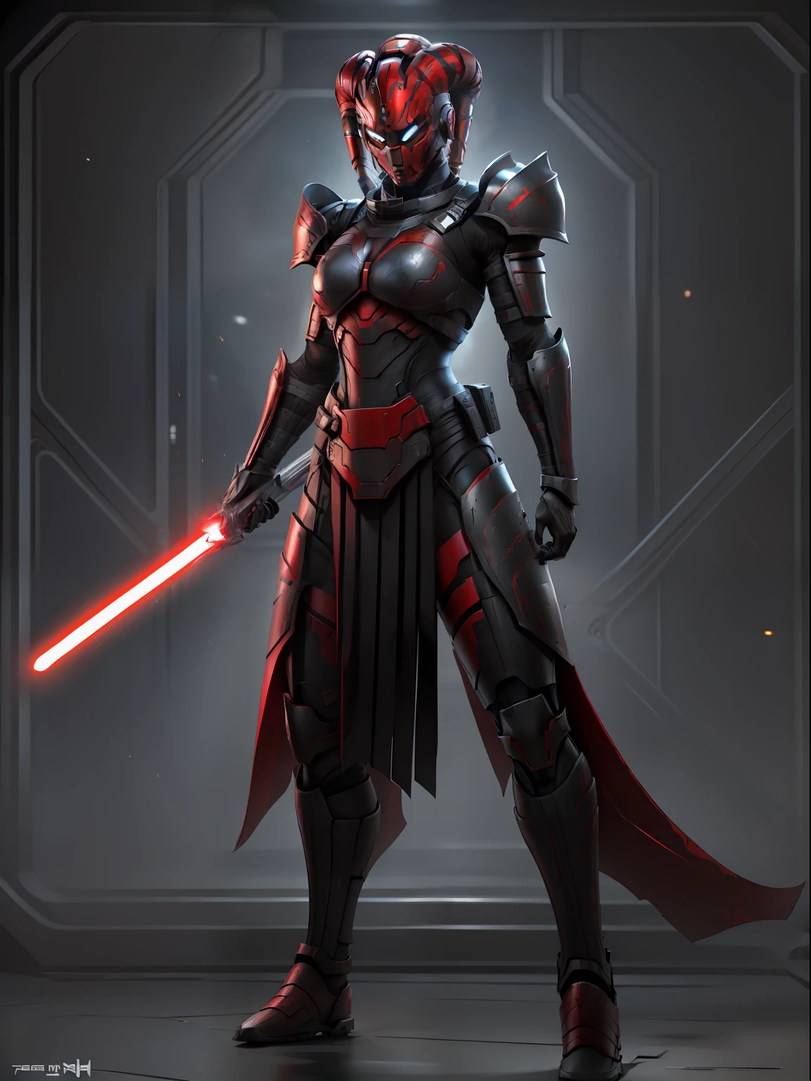 armored, red skin, Twi'lek, athletic, slender, muscular, wearing heavy black stealth armor, evil space knight, space samurai, dual red lightsabers, Star Wars