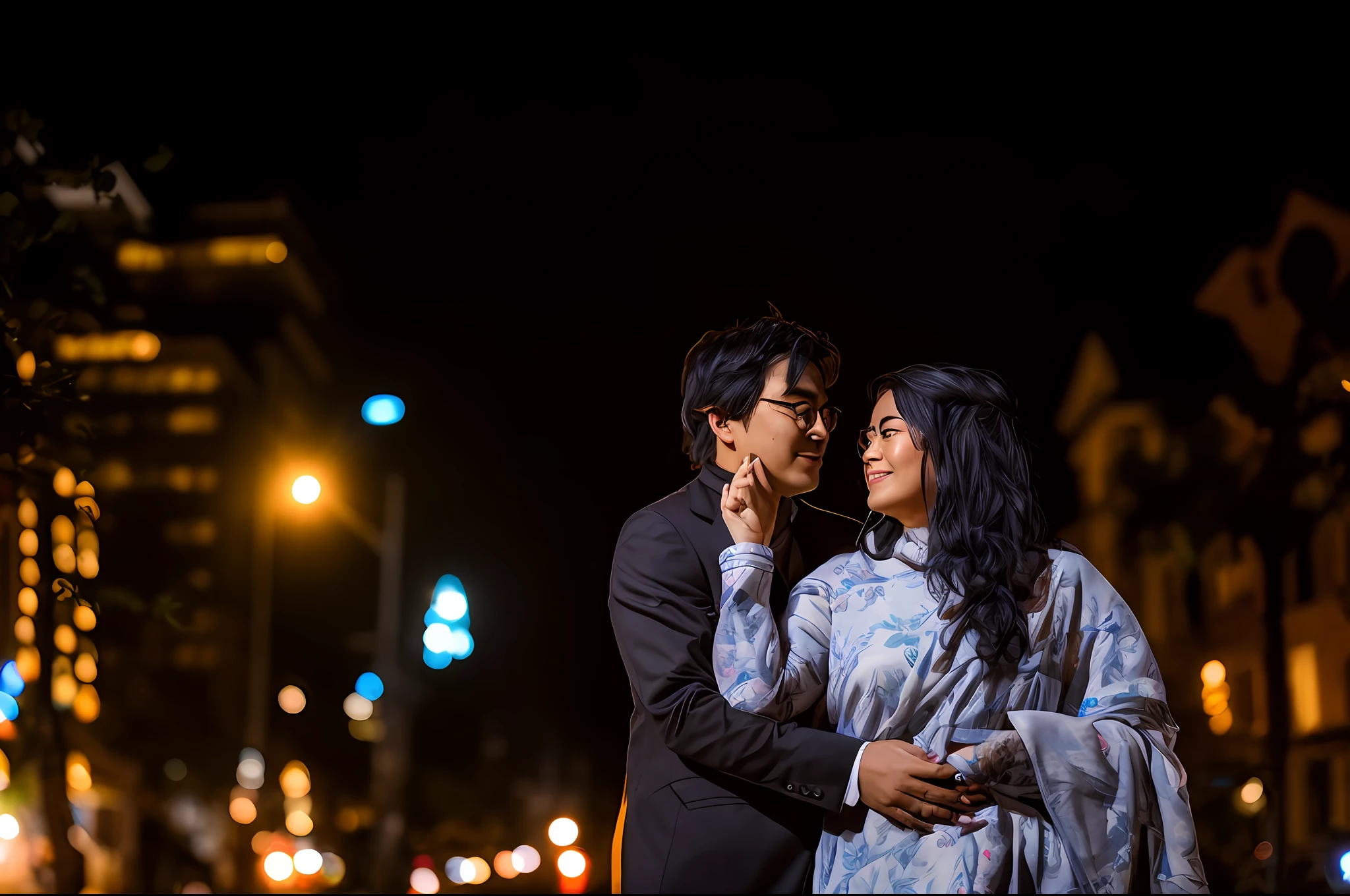 they are standing in a dark area with lights on the street, shot on sony a 7 iii, taken with canon 5d mk4, shot with canon eoa 6 d mark ii, taken with canon eos 5 d mark iv, photo taken with nikon d 7 5 0, photo taken with nikon d750, shot on sony a 7, lovely couple, Realistic Face, 8k image