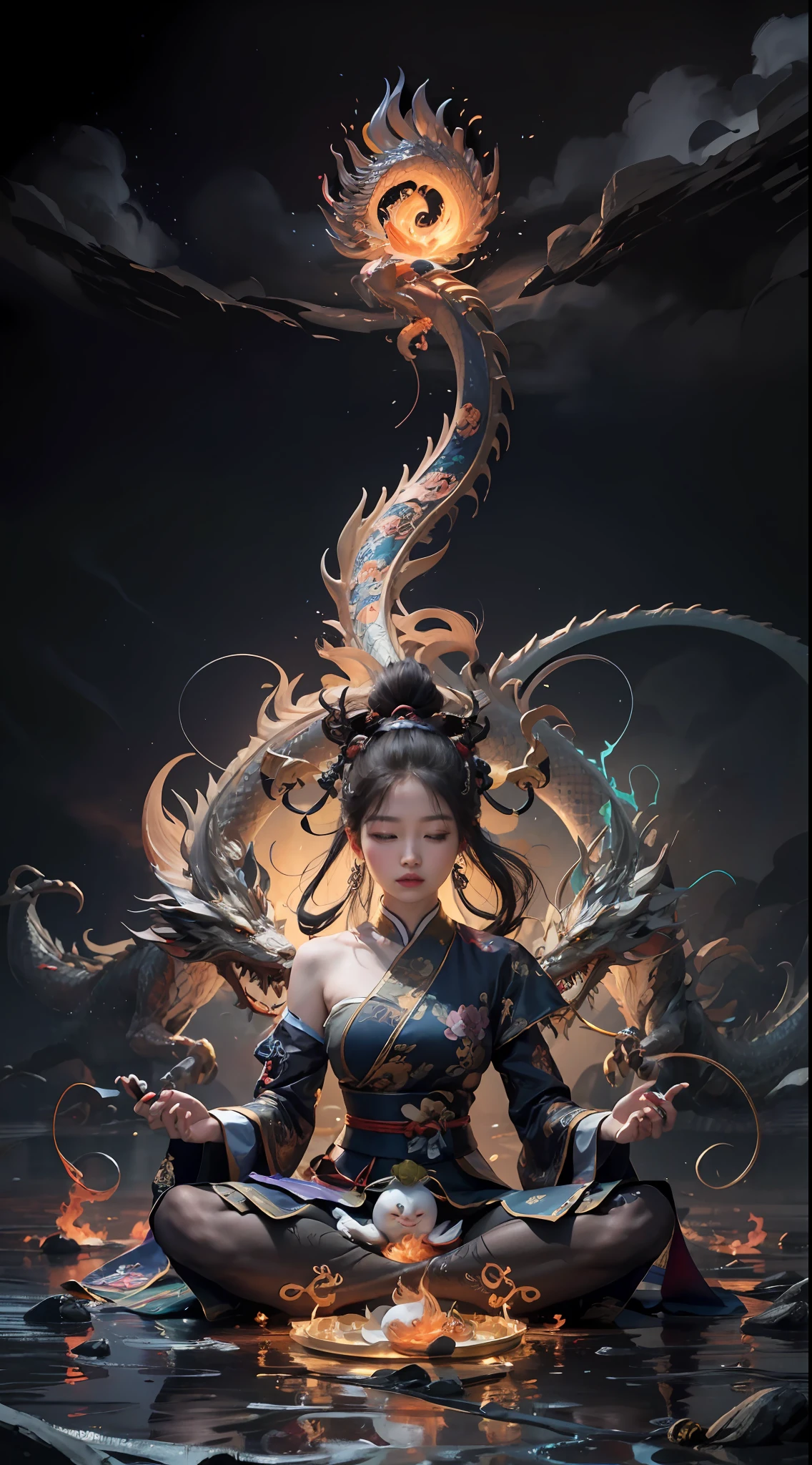 (and harmonious、balancing、yin yang、taichi)、Chinese silk painting、Tai Chi principle、Smooth movement、Interrelated elements、Interaction of contrasting forces、Taoist philosophy、The touch of the I Ching、Cool and warm tones、Reflective art、Inspired by Lao Tzu、Zhuangzi、Yin-Yang diagram、Taijitu、Gossip diagram、Flesh and soul are one、1girl、独奏、Grab milk、Daoism、Invoke Magic、电影灯光、Fire splits with ice、Gossip background、Round gossip、Yiyang,Taoist practice,Meditation sitting,Buddha sitting,Spiralosaurus,Top Cloud Dragon,Dunhuang flying goddess,Yin and Yang double cultivation