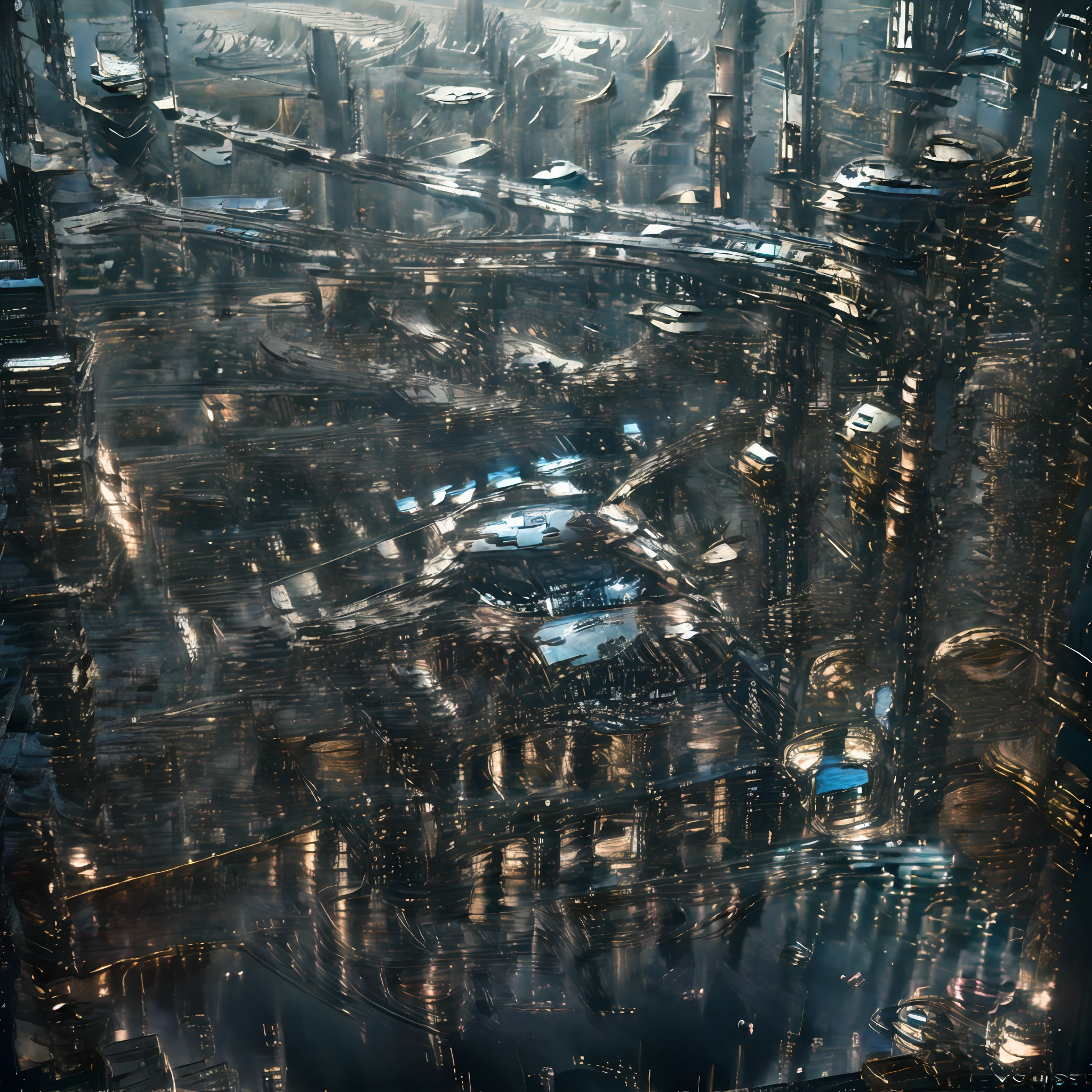 Interstellar space station in 3350 expansive view with lots of background clean and detailed photorealistic, Arbeitende Menschen in Raumanzug die von Roboter Cyborgs bewacht und beaufsichtigen werden (bewaffnet)