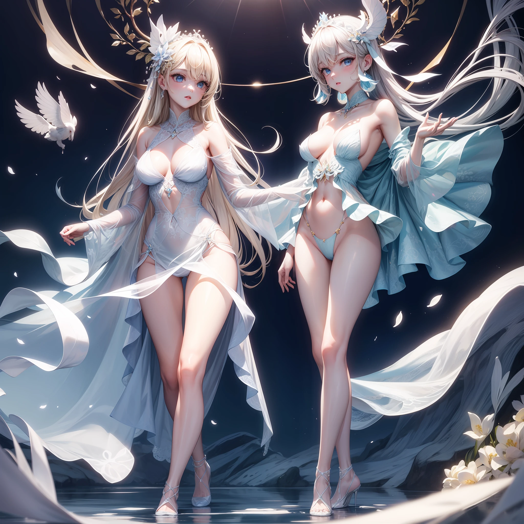 Masterpiece, best quality, super meticulous, 1girl, beautiful and meticulous eyes, beautiful and delicate glow, delicate ice, beautiful delicate water, ultra-thin translucent milky patch, naked, legs apart, look from below,