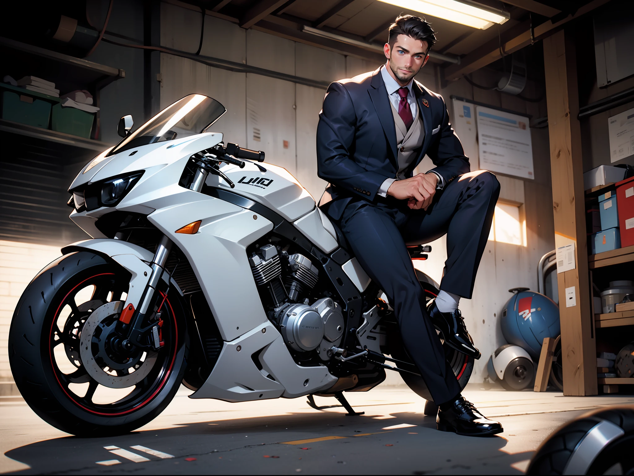 masterpiece, best quality, face, natural eyes, 1man, european, big feet, black socks, full body, (in suits), large bulge, long legs, looking at viewer, 30 years old, muscled and mature, short haircut, riding a motorcycle, in a garage, blue eyes, flush, organism, face covered with white fluids, sweating, tight cloth, erecting