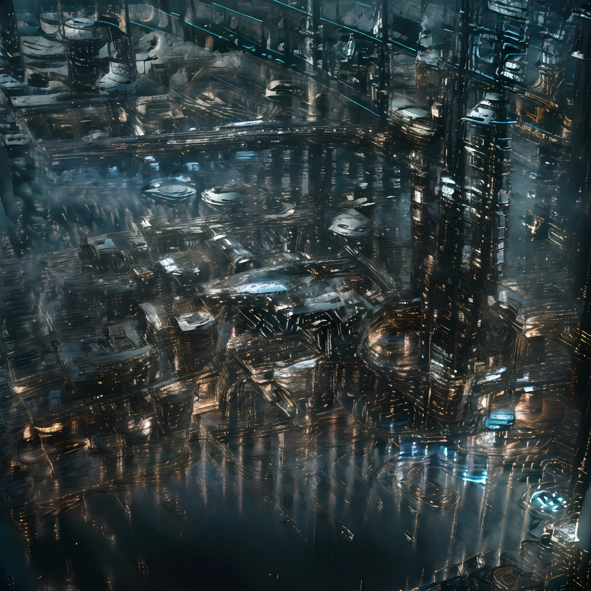Interstellar space station in 3350 expansive view with lots of background clean and detailed photorealistic, Arbeitende Menschen in Raumanzug die von Roboter Cyborgs bewacht und beaufsichtigen werden (bewaffnet)