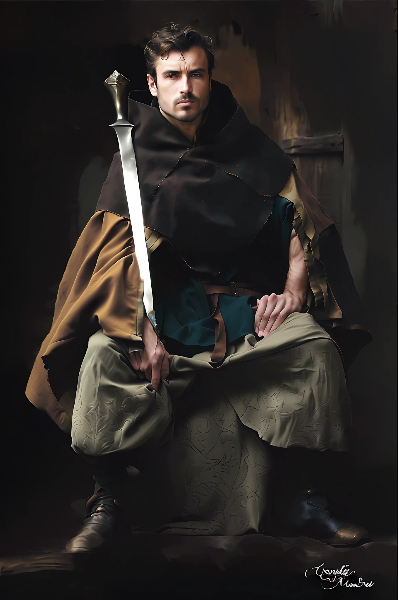 homem arafed em roupas medievais sentado em uma rocha com uma espada, cavaleiro medieval masculino robusto, traje medieval, Capa marrom, Foto do personagem de fantasia, Guerreiro medieval, estilo medieval, Sqare-jawed em roupas medievais, roupas medievais, full portrait of magical knight, vestidos com roupas medievais, retrato medieval, vestes medievais, roupas medievais, fotografia de personagens, fotografia medieval, pinturas no rosto, civatriz no rosto, viking cabelos loiros,