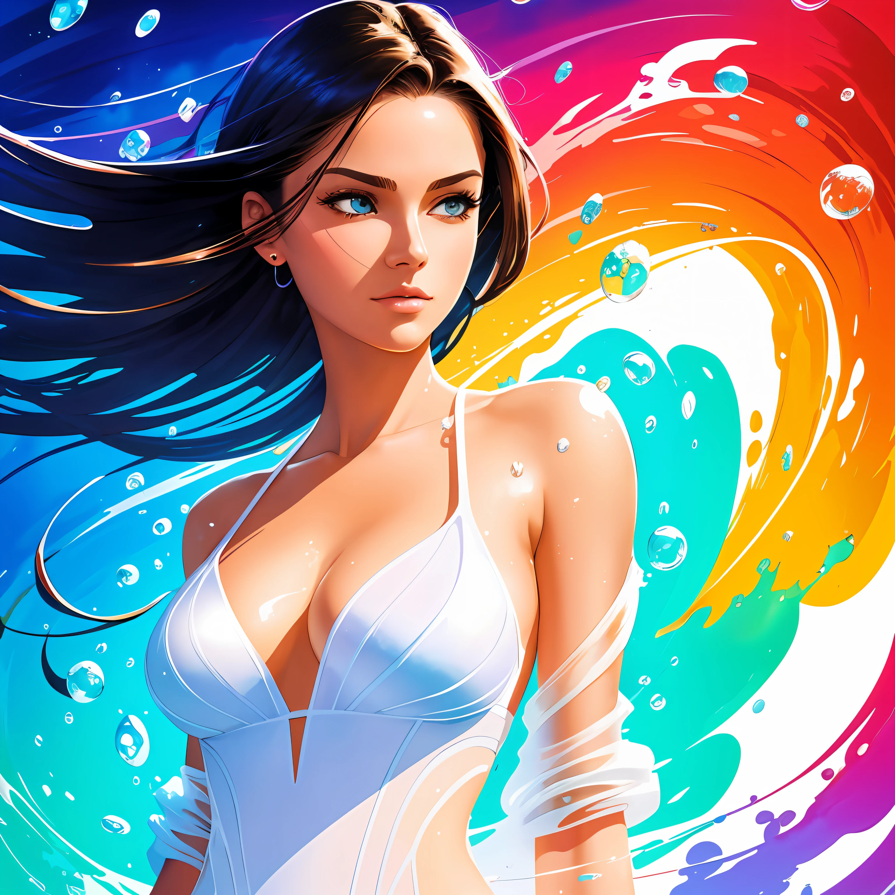 Full-body, realistic portrait of a 20-year-old young woman with transparent wet marbles. standard body, big bust, beautiful eyes realistically drawn in perfect detail; cold face, white skin, good looking, m small art does not change body parts. Michael Garmash, Daniel F Gerhartz, Adult style, warm dreamy light, volumetric light, adventure style pulp, liquid acrylic, dynamic gradients, vivid colors, illustrations, highly detailed vector curves, simple, smooth and clean, vector art, smooth, character design, cinematic, surrealism, masterpiece collection, lush watercolor, vivid colors.
