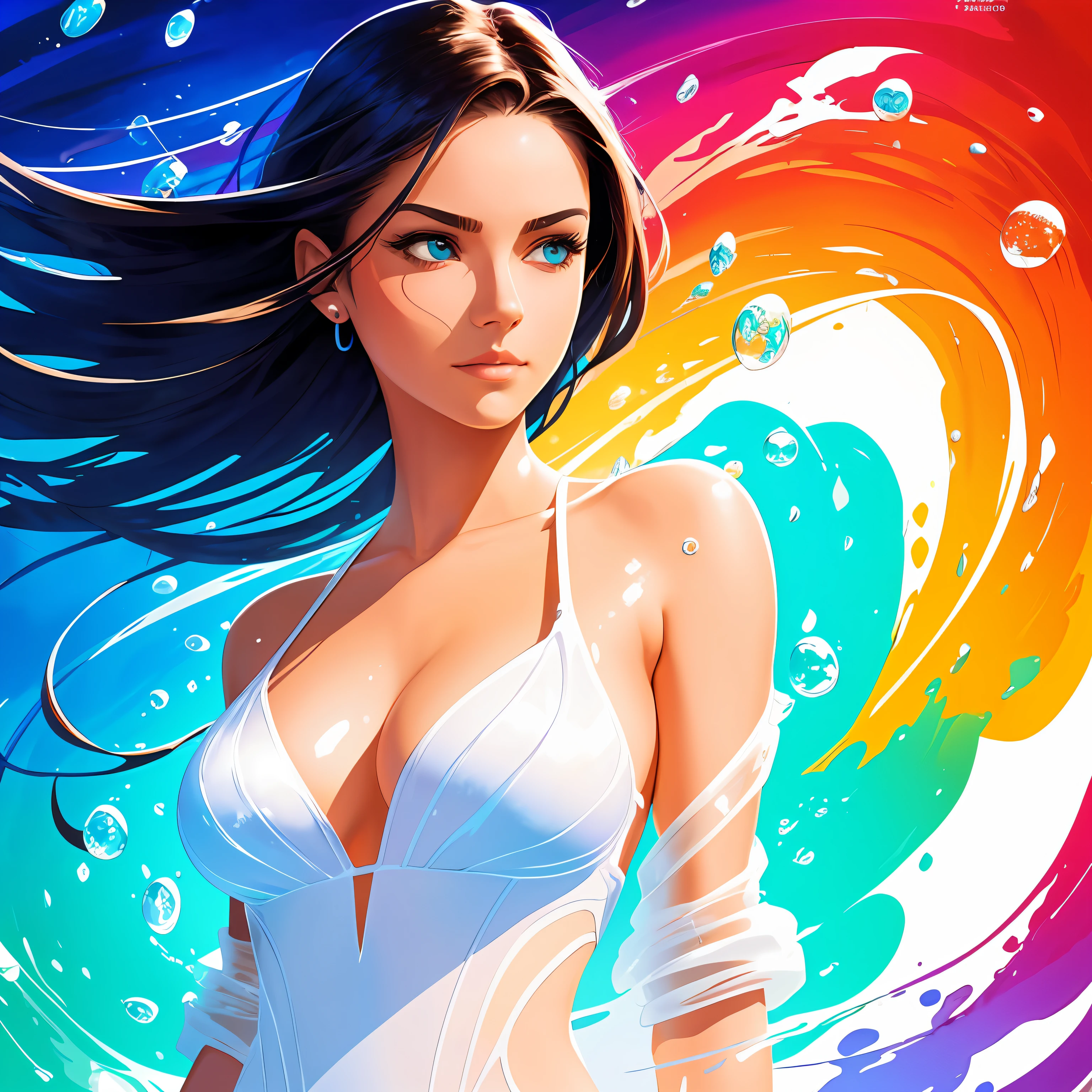 Full-body, realistic portrait of a 20-year-old young woman with transparent wet marbles. standard body, big bust, beautiful eyes realistically drawn in perfect detail; cold face, white skin, good looking, m small art does not change body parts. Michael Garmash, Daniel F Gerhartz, Adult style, warm dreamy light, volumetric light, adventure style pulp, liquid acrylic, dynamic gradients, vivid colors, illustrations, highly detailed vector curves, simple, smooth and clean, vector art, smooth, character design, cinematic, surrealism, masterpiece collection, lush watercolor, vivid colors. --auto