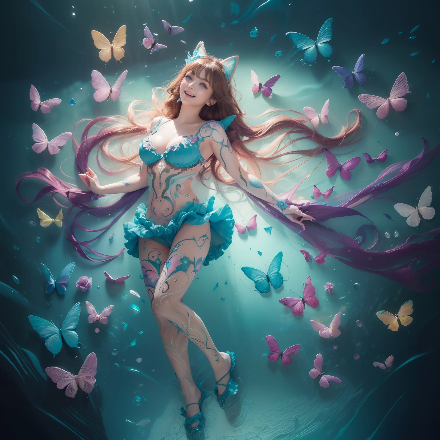 super photo realistic illustration, highres, ultla detailed, absurdres,(extremely beautiful lady:1.6), (intricate body painting:1.5),(ultra detailed embroidery camisole, frills:1.3),(ultra detailed mechanical large cat ears:1.3),beautiful long hair blowing in air, (full body:1.9),beautiful dark blue eyes, detailed eyes, shining eyes, open her mouth, perfect detailed red rips, smiling, seducing, cute, laughing, beautiful sea, ocean, (colorful:1.5), suspended moments, distorted reality, (sense of depth:1.8), expressive technique, tactile appeal, moody ambiance, flying butterflies, flower pedals