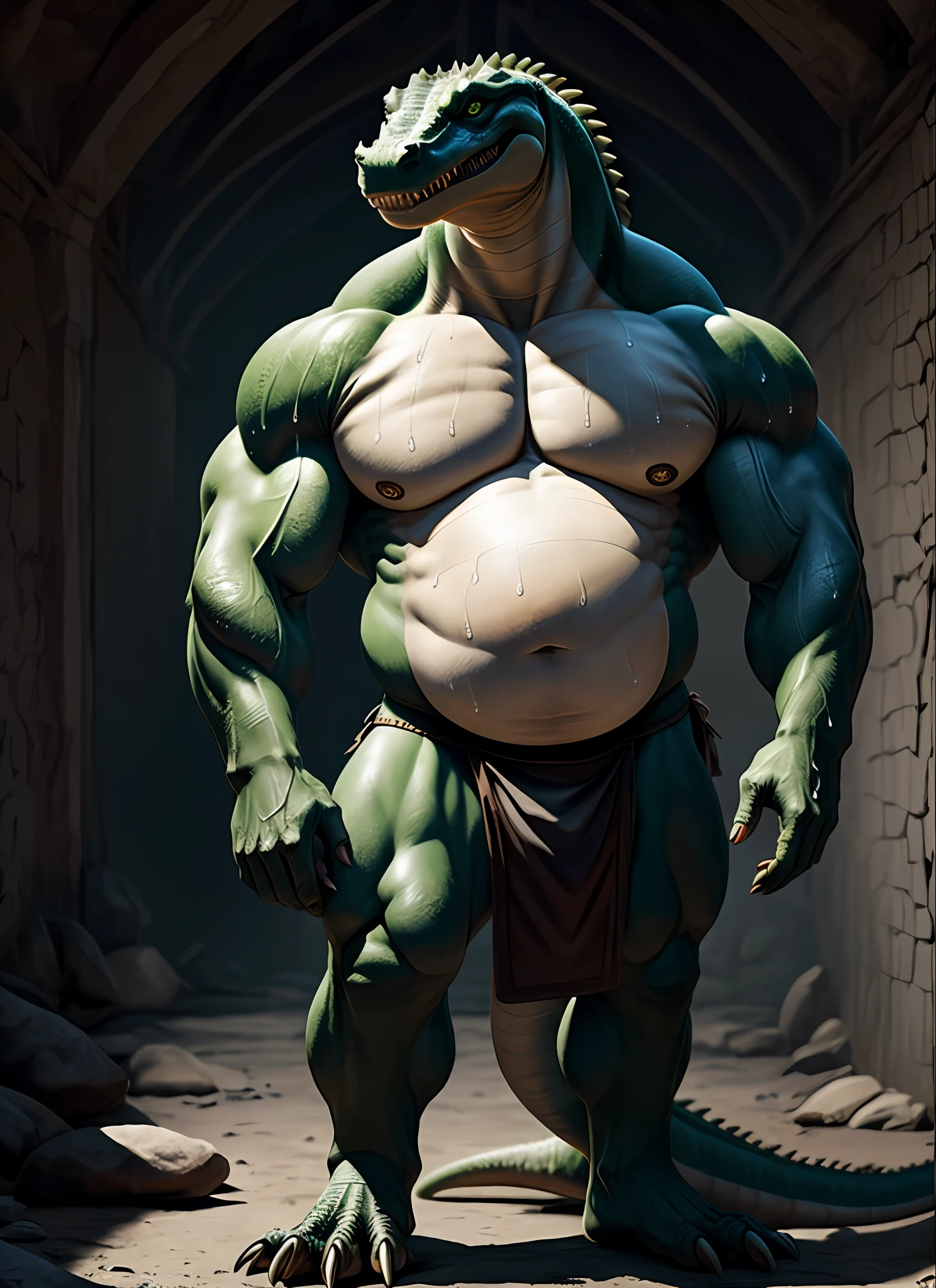 drops of sweat, photography of, (cool-pose:1.1025), Smooth skin, Surrealist shadows, Humanity, Dark Green, alligators, realisticlying, nakeness, implied, (Rembrandt:1.1025), vast pecs, tribe, Warriors, Biceps, (loincloth:1.05), thick-waisted, NSFW, In the dungeon, White belly, large tail,potbelly
