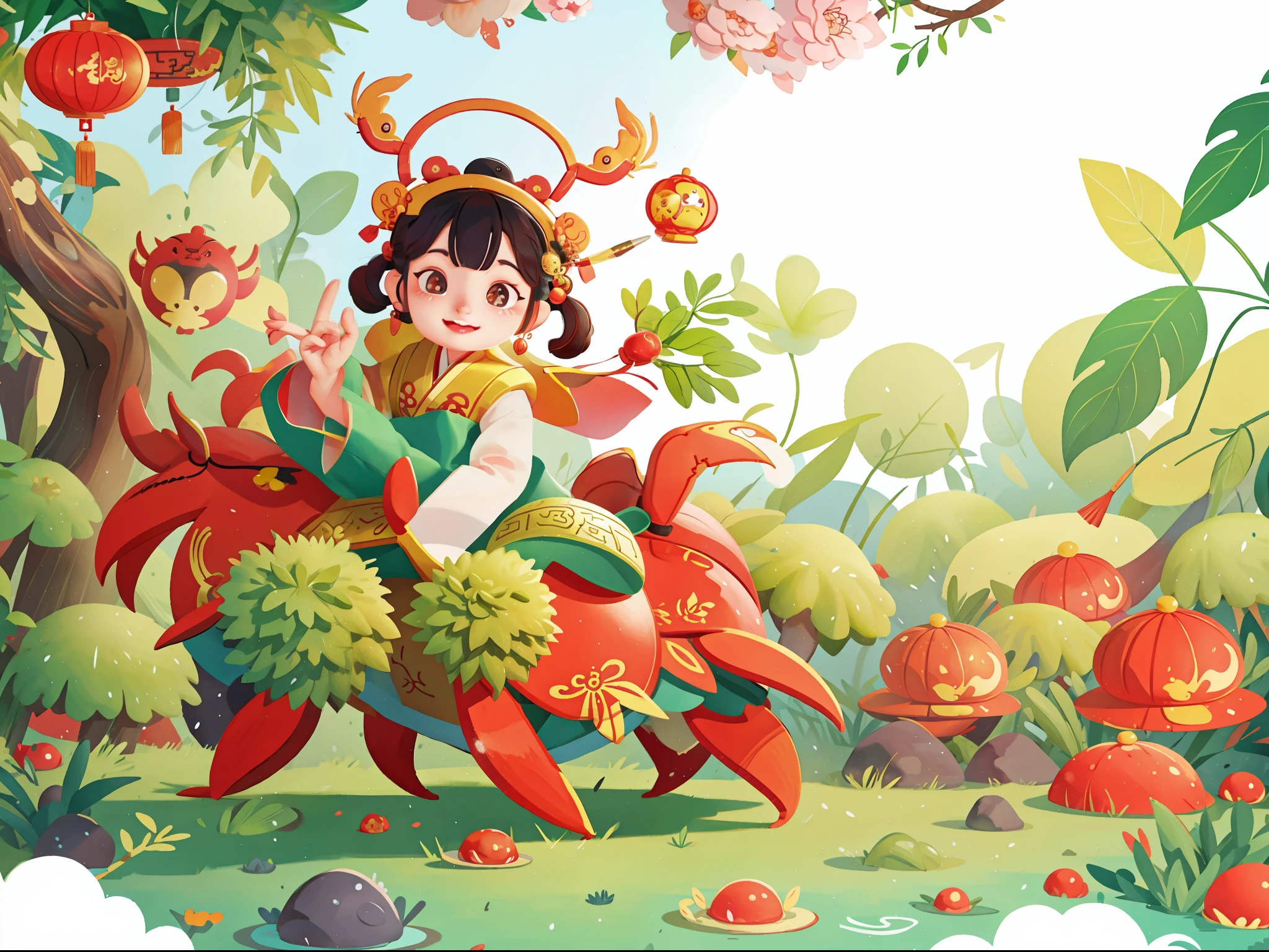 Chinese style illustration，crabs，A plant