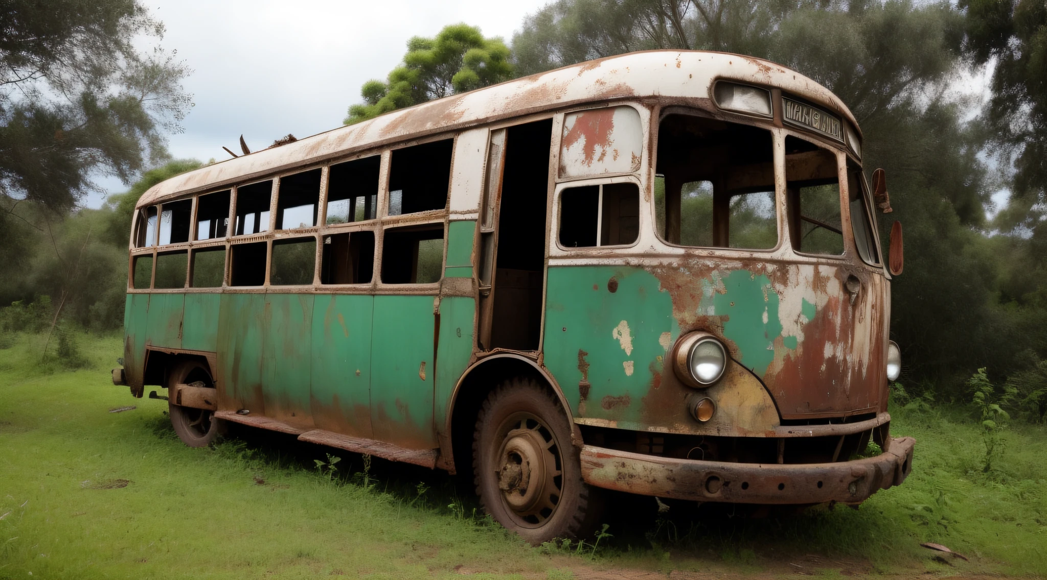 Antique bus, damaged and abandoned in a forgotten plot of land covered with wild vegetation.