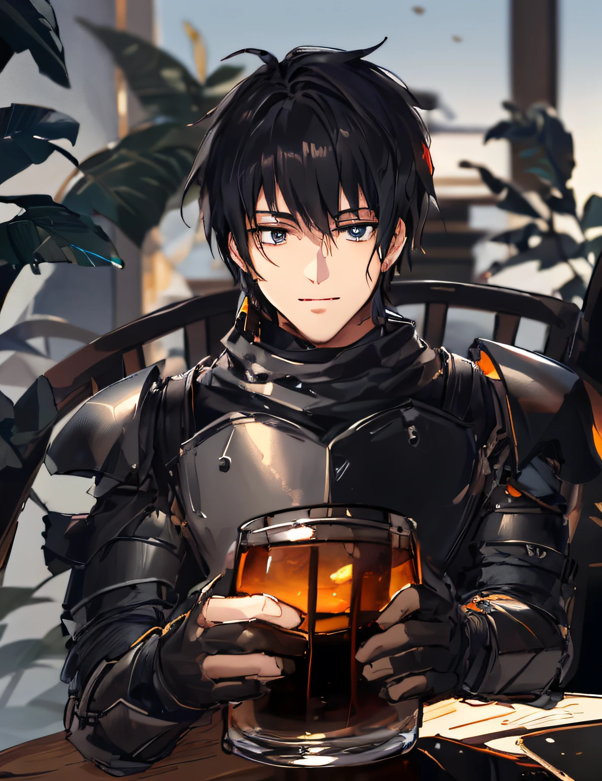 A black-haired youth wearing black armor held a wooden wine glass，The young man had a relaxed expression，