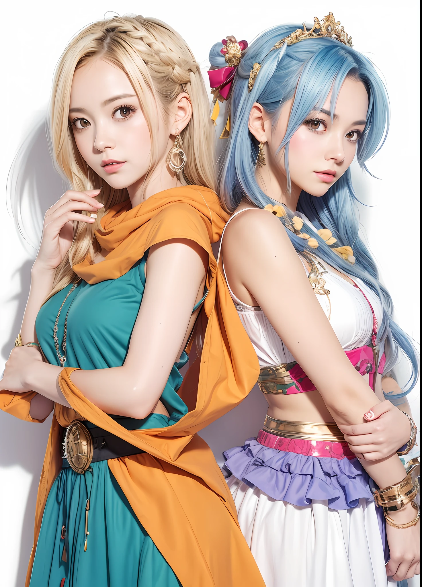 Two girls in colorful clothes are standing next to each other, Two beautiful girls, Dragon quest, Bianca,flora, jrpg fashion, jrpg character art, by Akira Toriyama, jrpg aztec street fashion, fashionable rpg clothing, Promotional Art