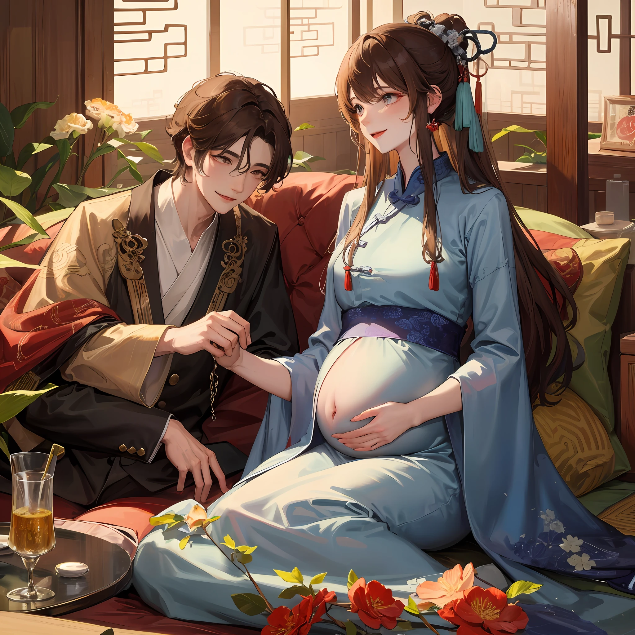 Masterpiece, Best quality, 1 The male protagonist lies on the pregnant belly of his wife Mature woman, Chinese style, Ancient China, Smile, Brown hair, Princess cut,