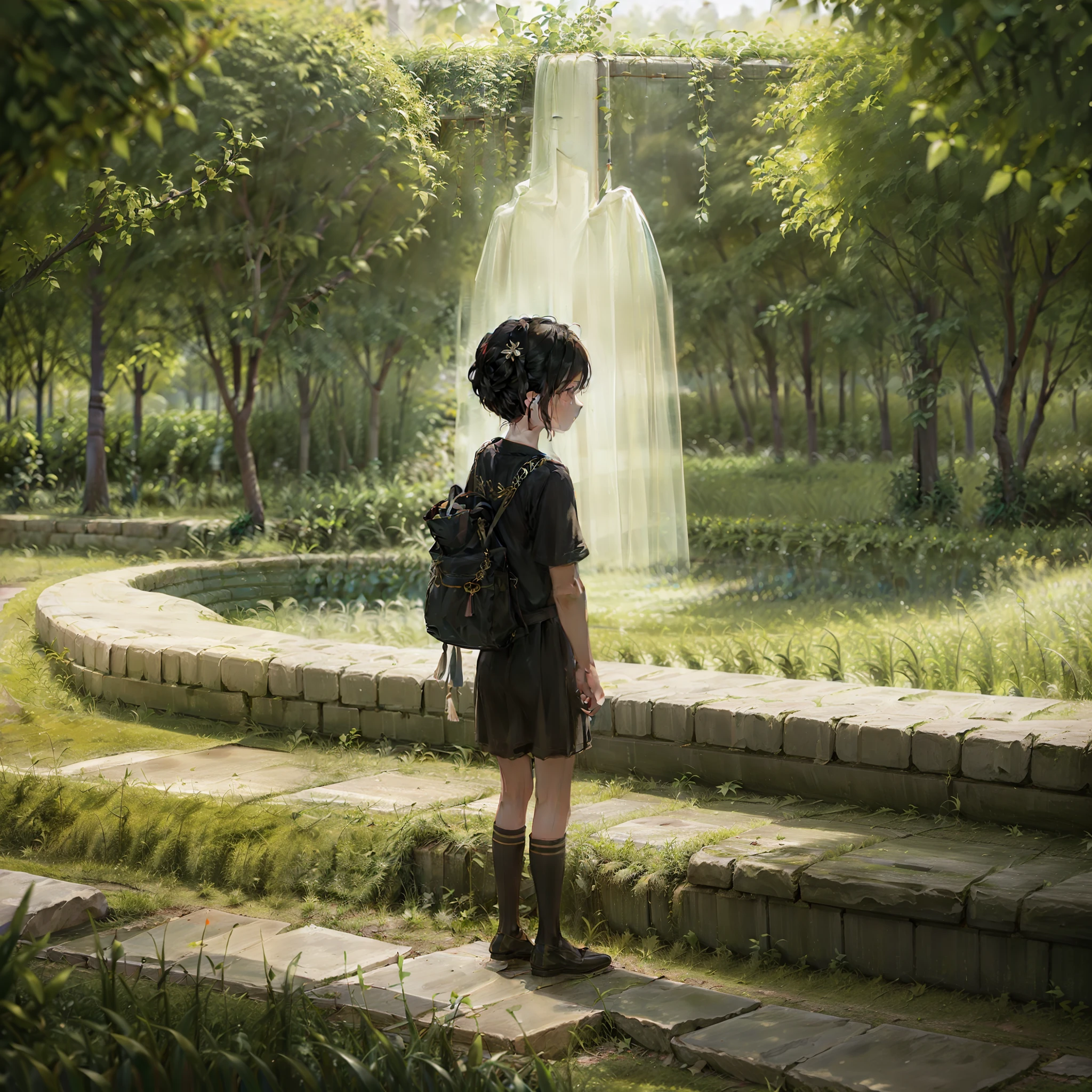 schoolboy, Back Shadow, The fountain, grassy fields, Black hair, freshen, school ground, Romanticism, Contemporary art, cinematic lighting, ray tracing, bloom, stereogram, framed, outside border, atmospheric perspective, 8k, high details, high details, best quality, 8k
