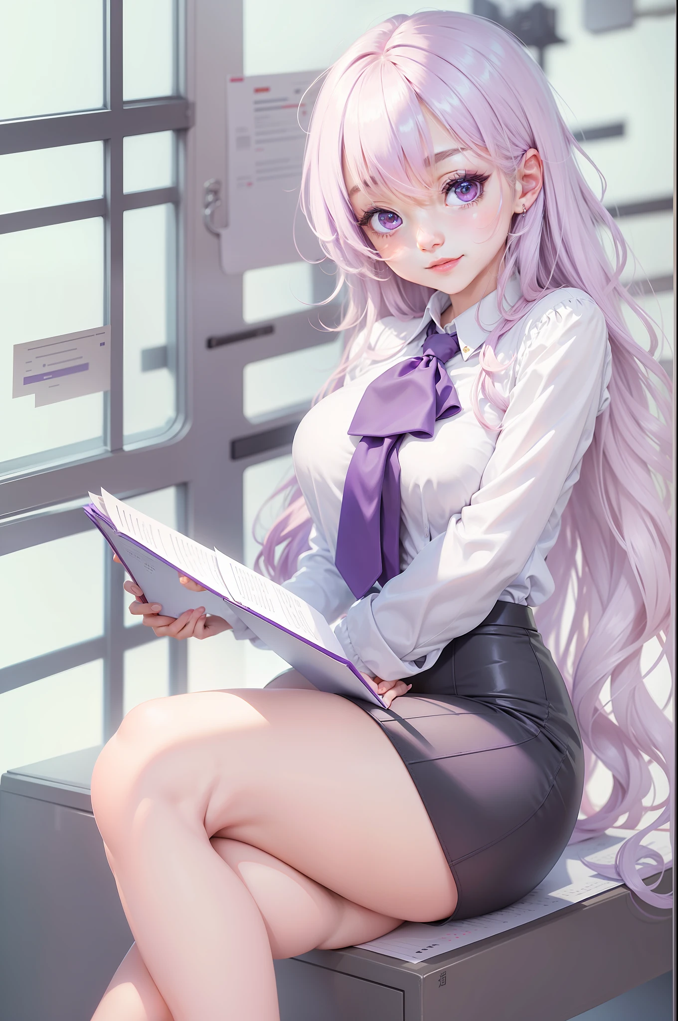 (masterpiece, best quality, 1girl:1.2, solo:1.3, anime illustration), ((Mature girl)), (office suit), (full body), (portrait), very beautiful, anime, happy face, white long wavy hair, floating hair, white shirt, purple eye, purple necktie, long sleeves, black mini skirt, clear skin, looking at viewer, c cup, large hips, holding file folder, making presentation purple highlight color graded, black background.