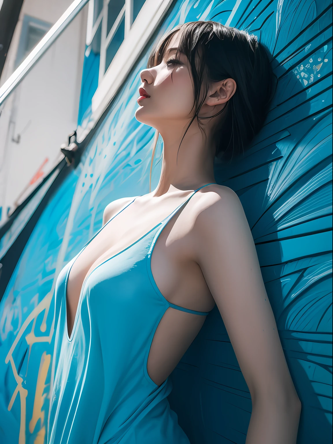 {8K}, Best quality, Masterpiece, {超高分辨率}, Slender body, Medium breasts,Side breasts, intricate elegant, Detailed, ometric by greg rutkowski and alphonse mucha, Gradient lighting, (wall Graffiti:1.5),Back alley、Graffiti artist spray painted wall,paint splatter, 1girll, ciri, PureErosFace_V1, Ambilight, Big breasts Thin waist, (Lie down:1.2), (Blue tattoo, The paint is poured on the body:1.3), finger nails, (spatter, Brush strokes:1.5), Background with,Doubleexposure, What a fuss about smooth abstract art, (Original illustration composition), ( Blend limited colors, Maximalism artstyle, Geometric artstyle)